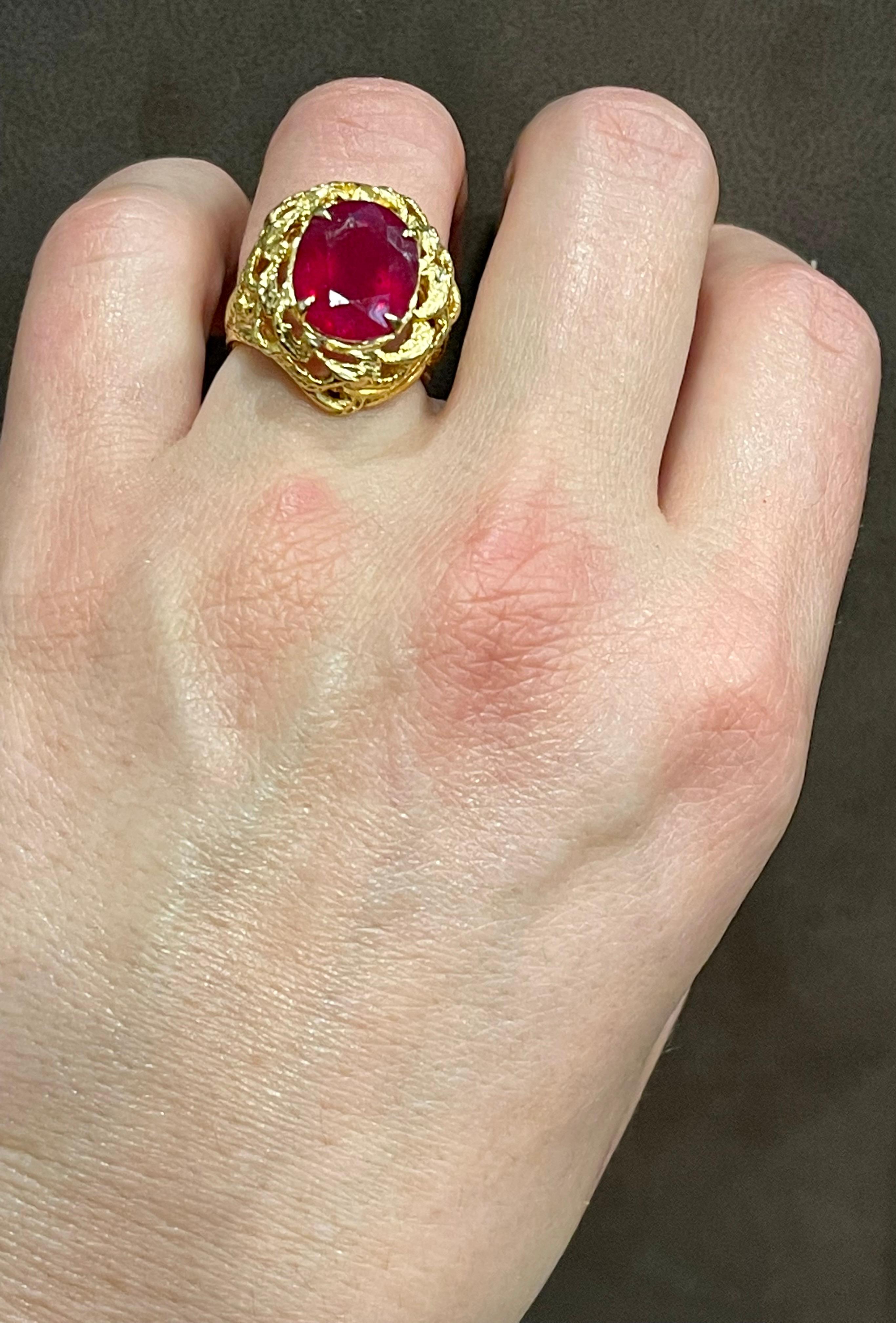 5 Carat Treated Oval Ruby 14 Karat Yellow Gold Cocktail Ring For Sale 9