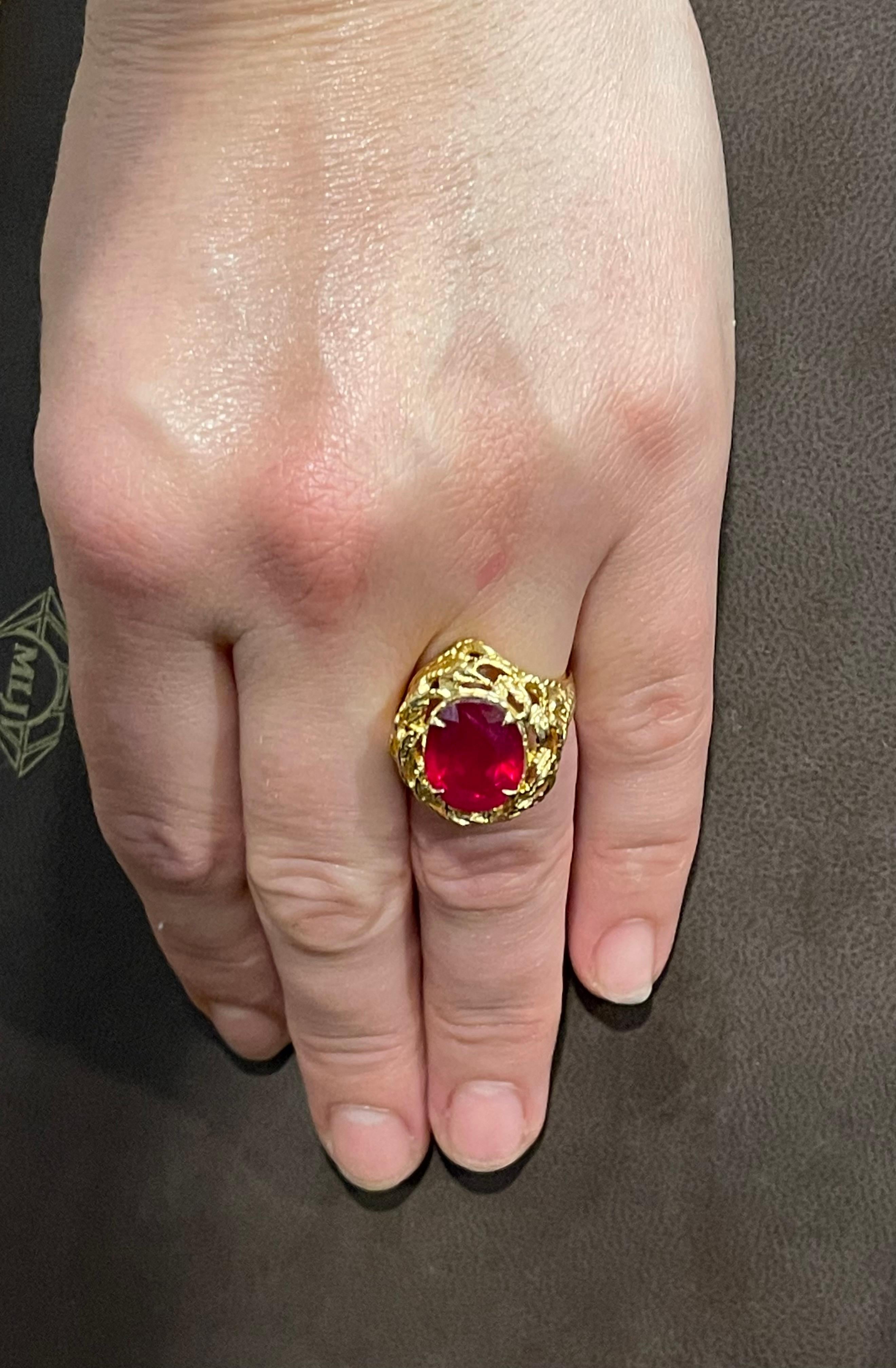 5 Carat Treated Oval Ruby 14 Karat Yellow Gold Cocktail Ring For Sale 11