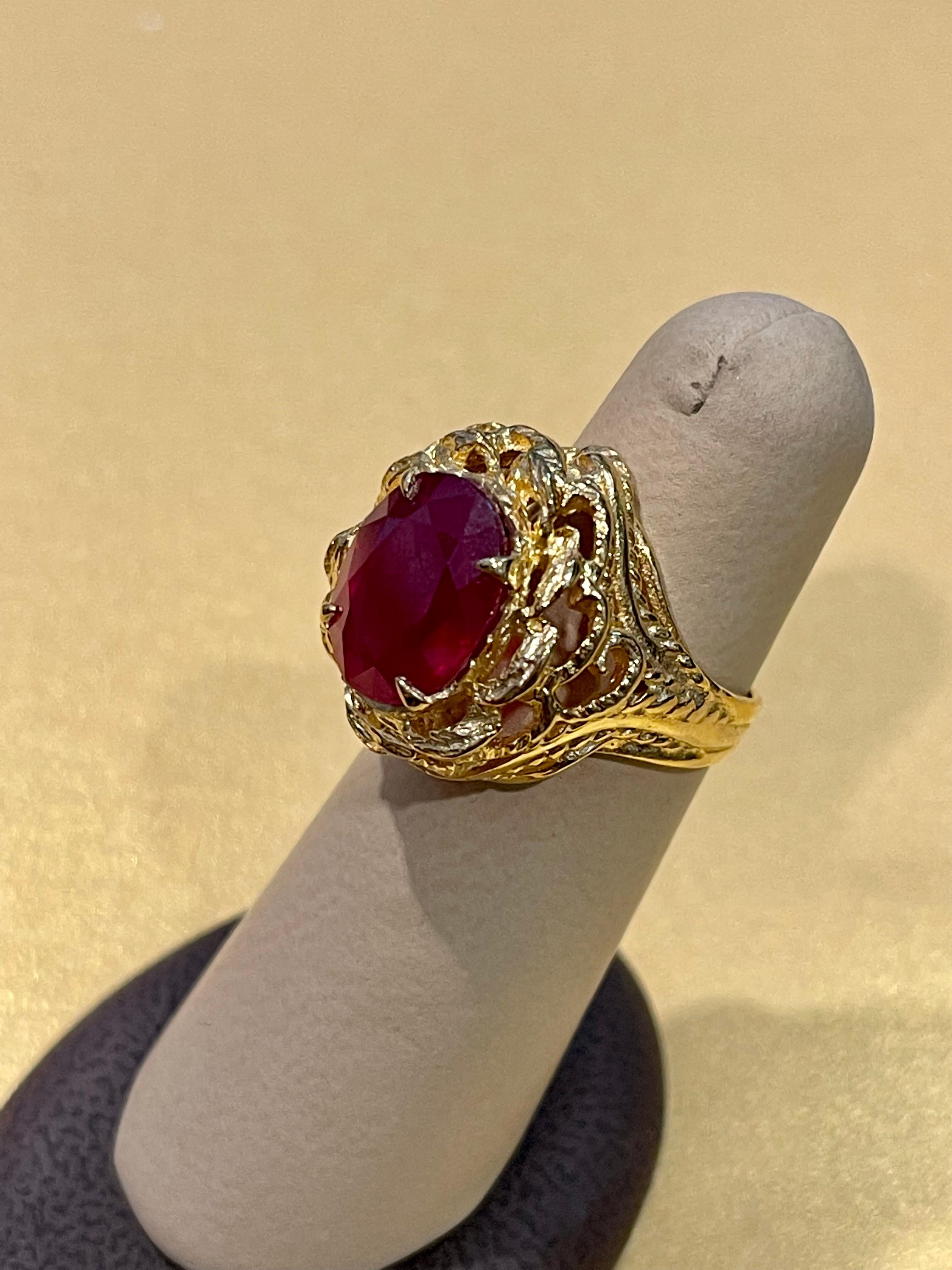 5 Carat Treated Oval Ruby 14 Karat Yellow Gold Cocktail Ring For Sale 3