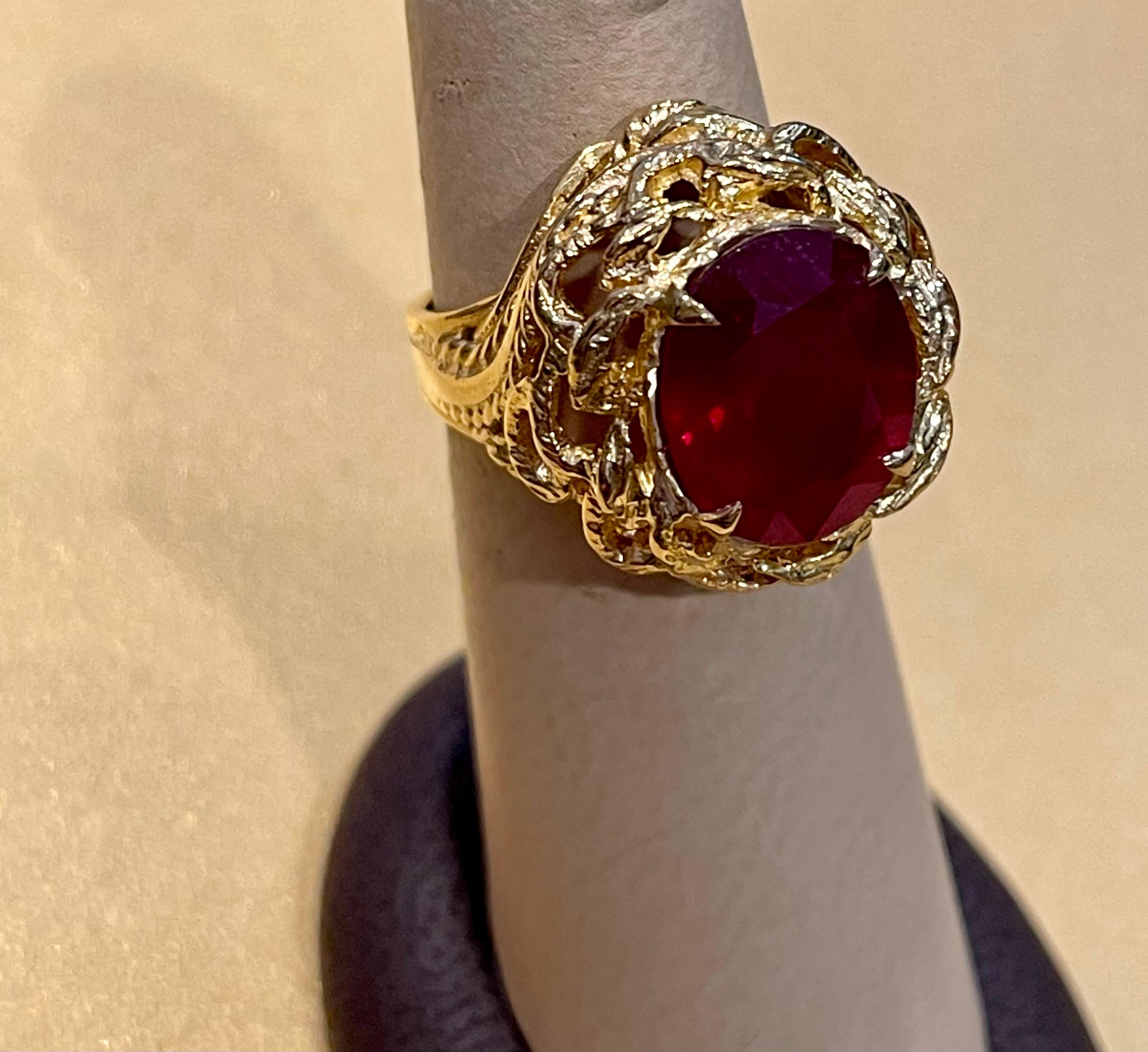 5 Carat Treated Oval Ruby 14 Karat Yellow Gold Cocktail Ring For Sale 4