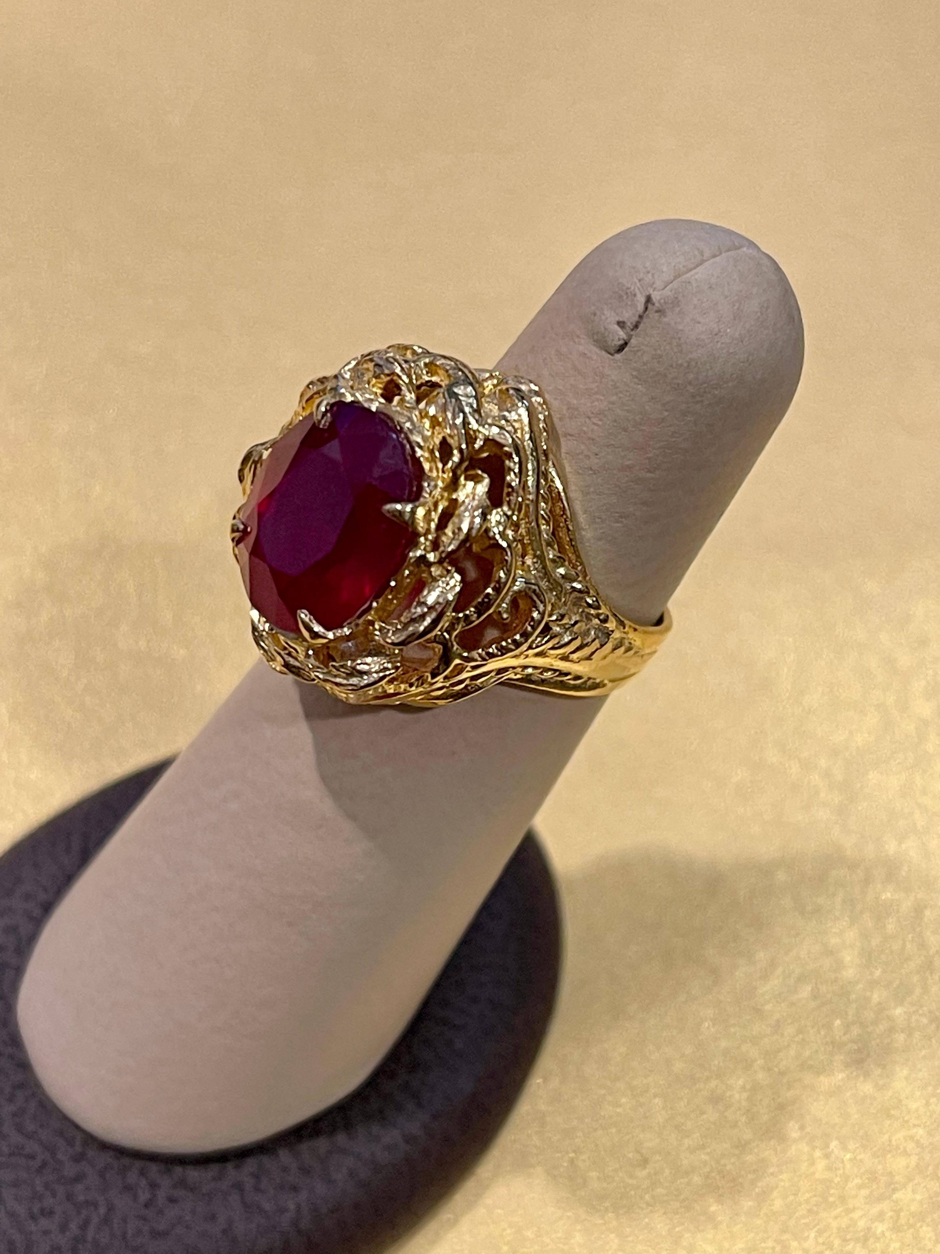 5 Carat Treated Oval Ruby 14 Karat Yellow Gold Cocktail Ring For Sale 6