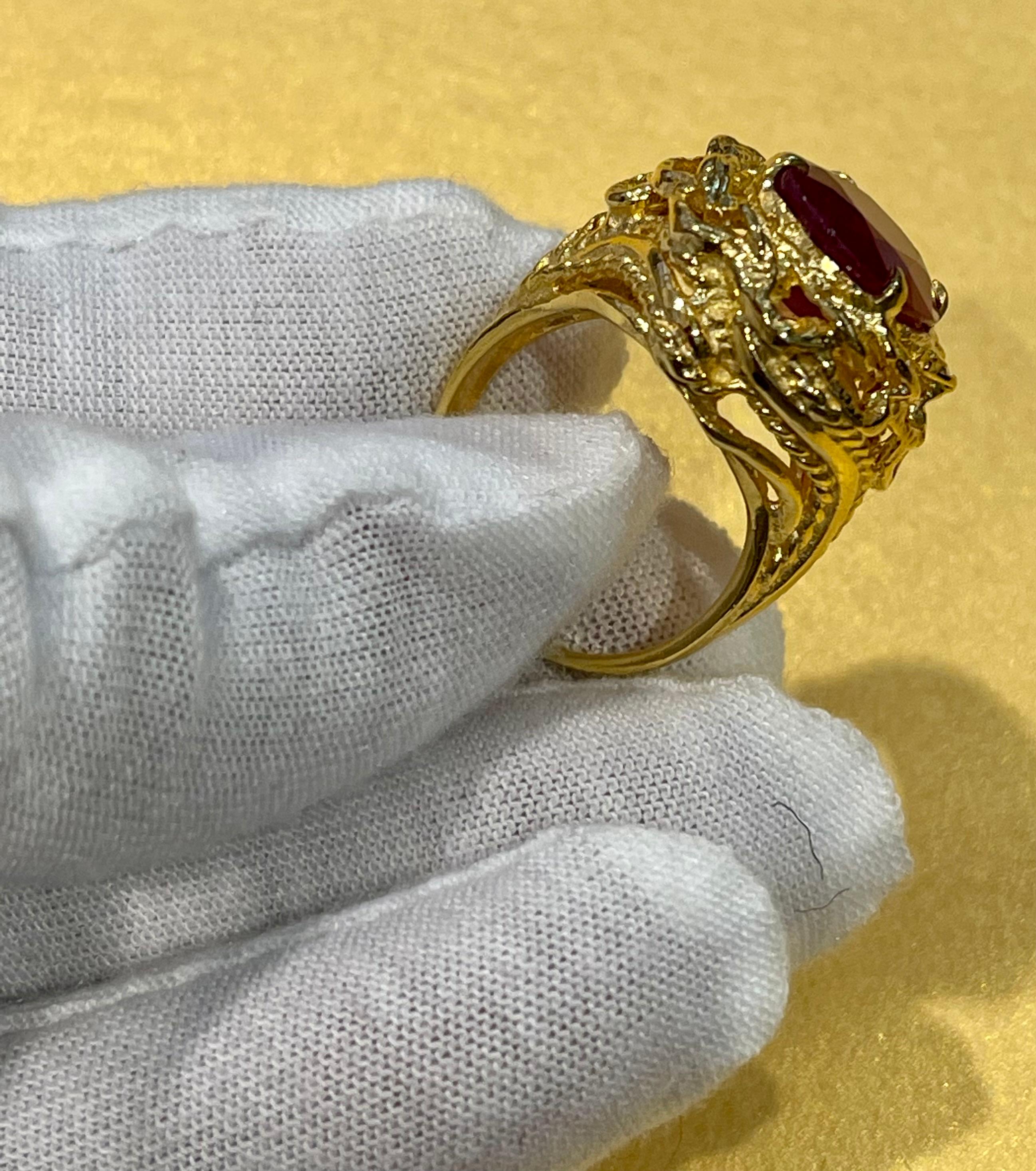 5 Carat Treated Oval Ruby 14 Karat Yellow Gold Cocktail Ring For Sale 7