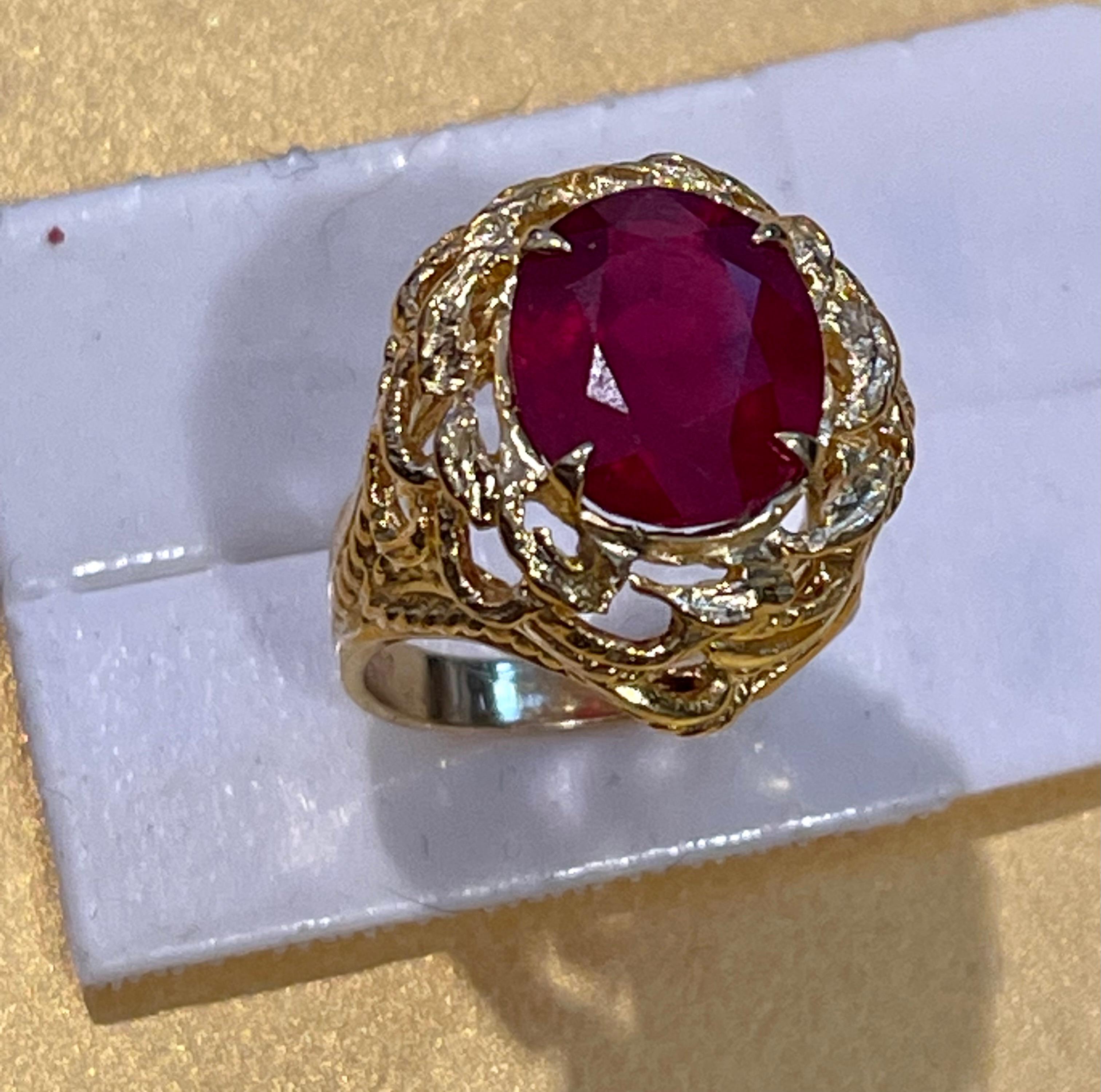 Women's 5 Carat Treated Oval Ruby 14 Karat Yellow Gold Cocktail Ring For Sale
