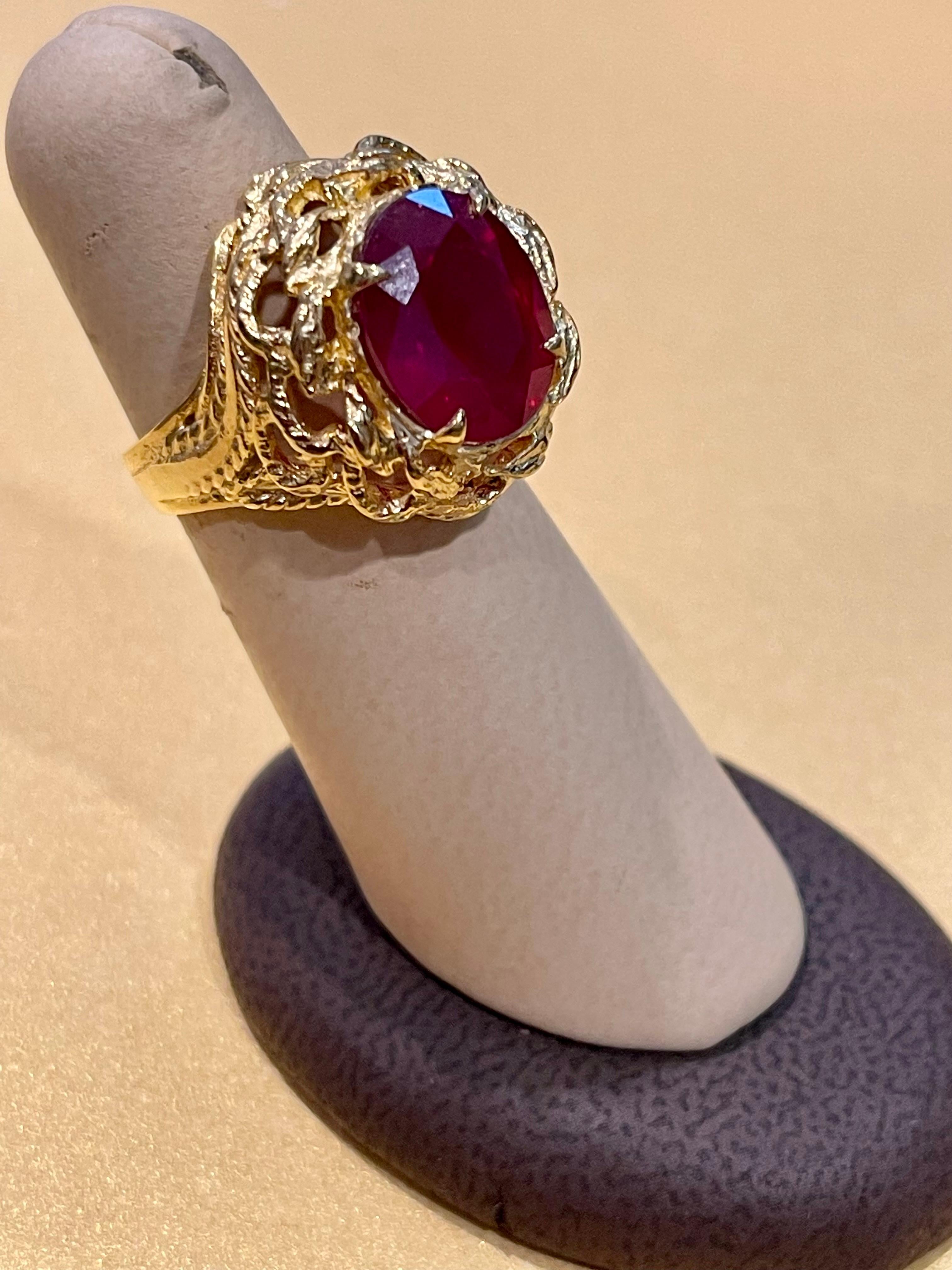 5 Carat Treated Oval Ruby 14 Karat Yellow Gold Cocktail Ring For Sale 1