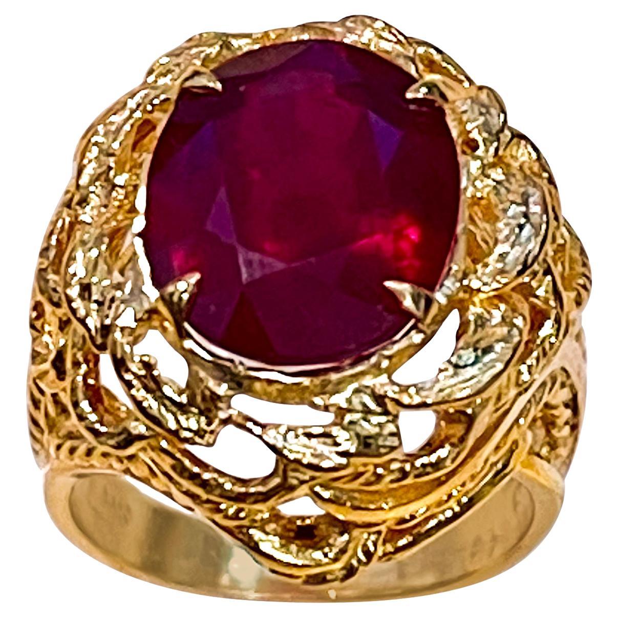 5 Carat Treated Oval Ruby 14 Karat Yellow Gold Cocktail Ring For Sale