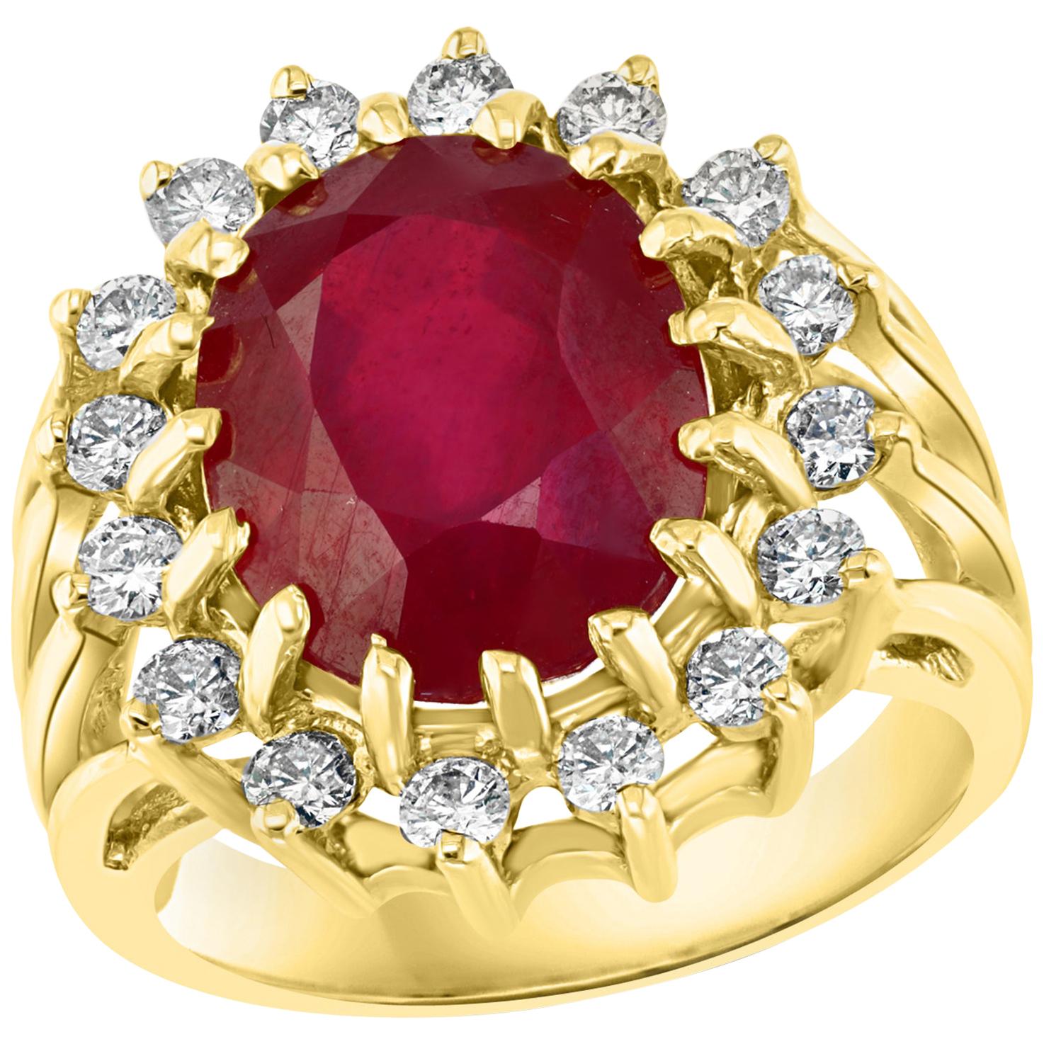 5 Carat Treated Ruby and Diamond 14 Karat Yellow Gold Cocktail Ring