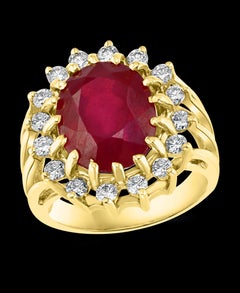 5 Carat Treated Ruby and Diamond 14 Karat Yellow Gold Cocktail Ring