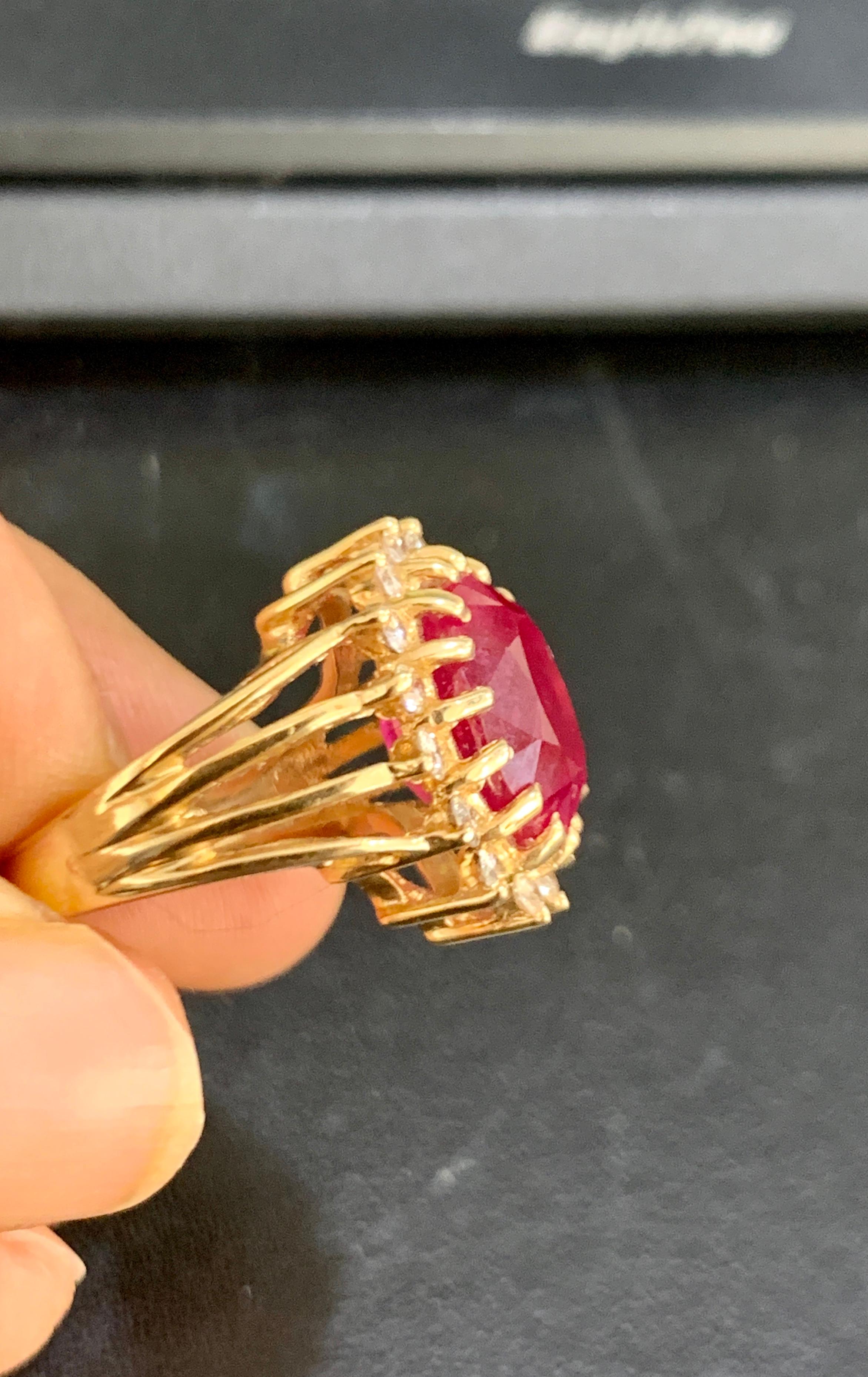 Oval Cut 5 Carat Treated Ruby and Diamond 14 Karat Yellow Gold Cocktail Ring