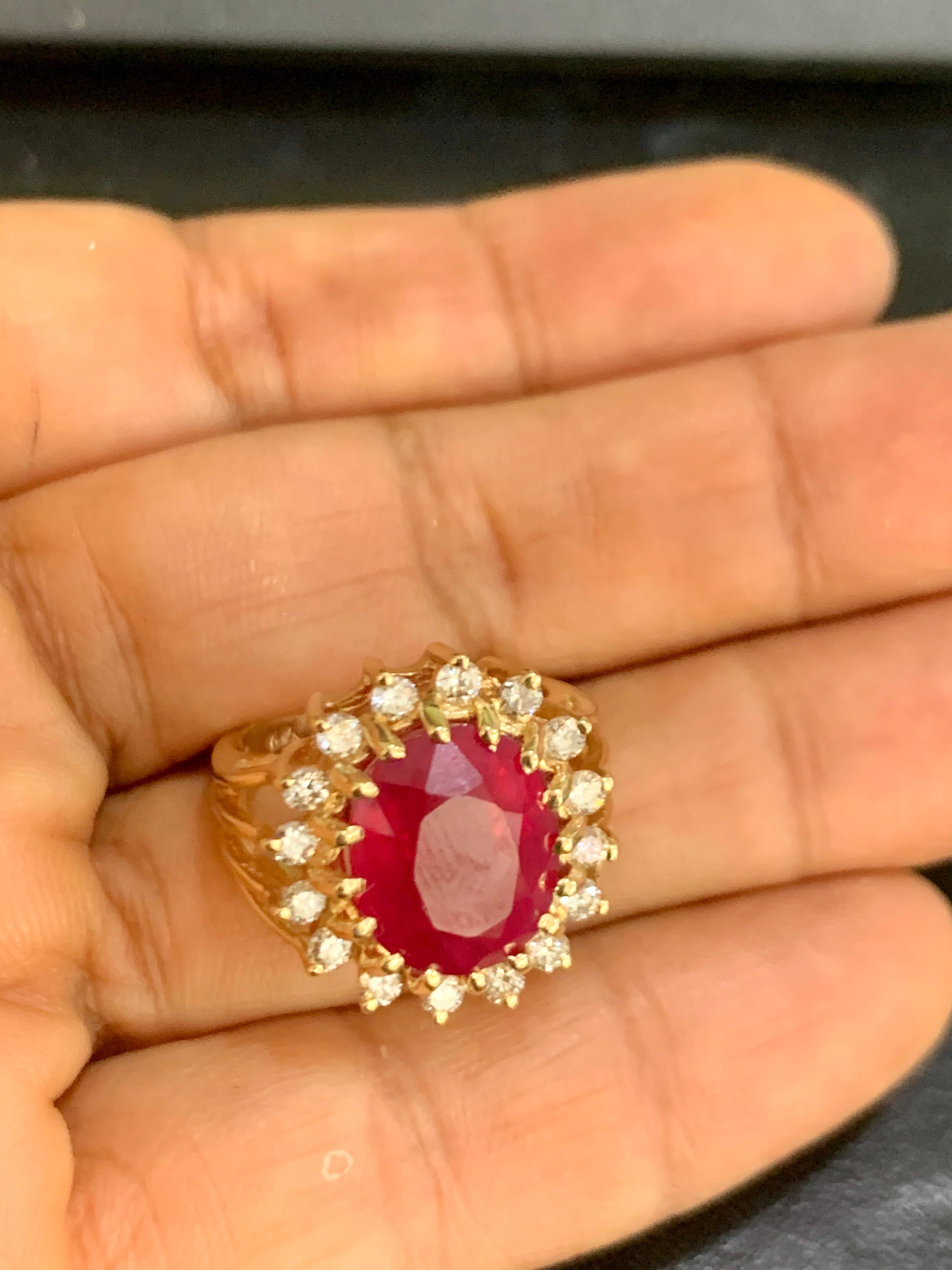 5 Carat Treated Ruby and Diamond 14 Karat Yellow Gold Cocktail Ring 1