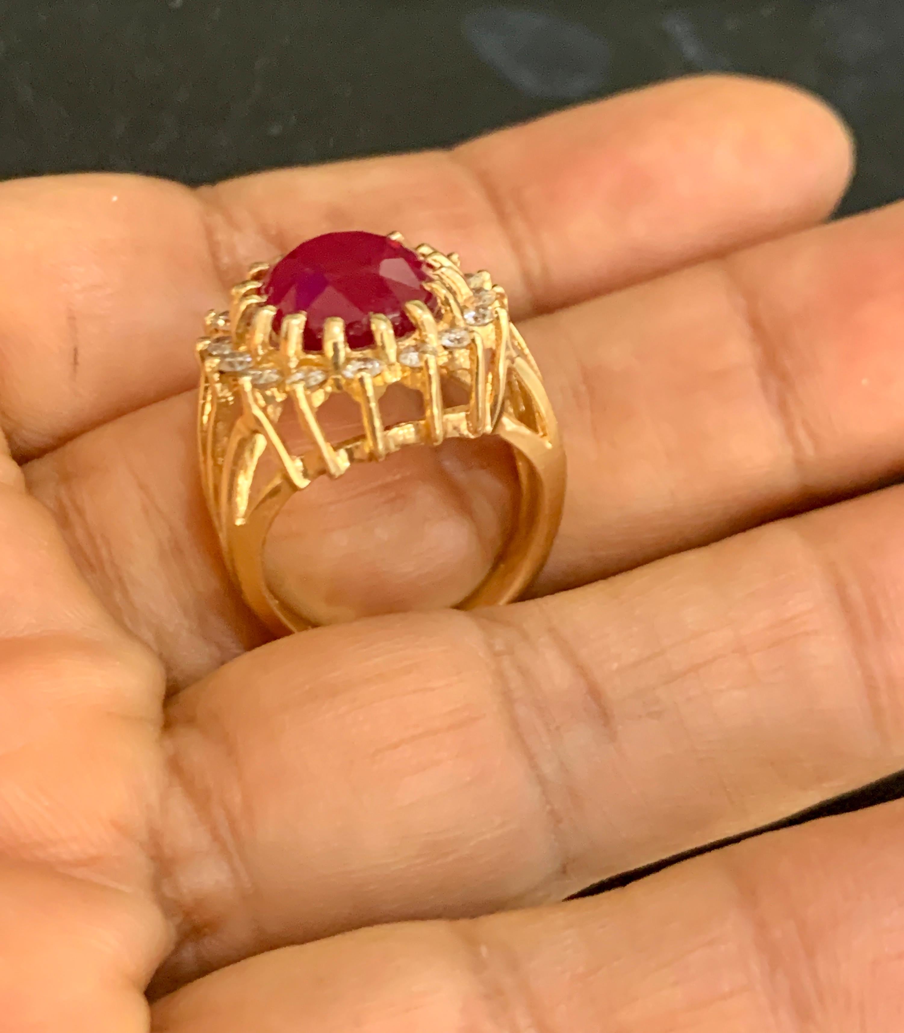 5 Carat Treated Ruby and Diamond 14 Karat Yellow Gold Cocktail Ring 3