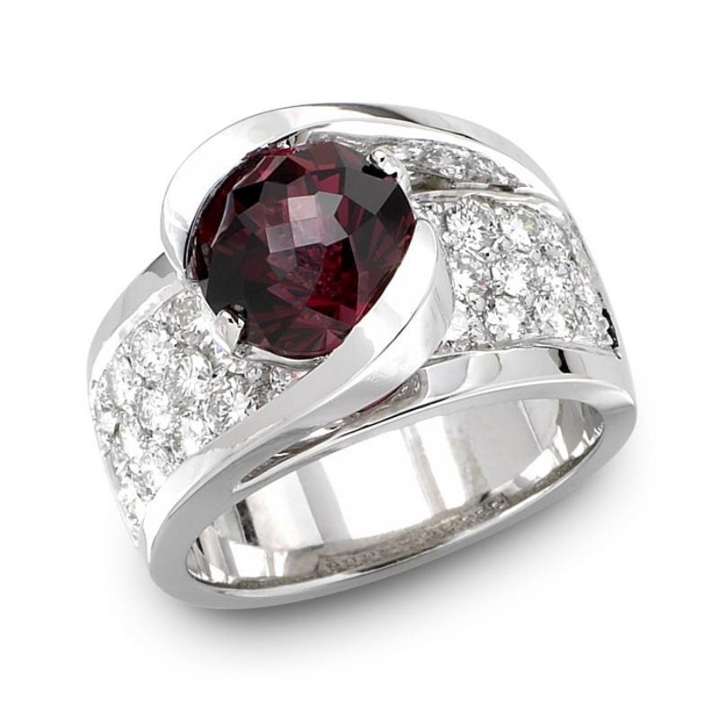 Anillo de rodolita y diamantes de 5 quilates, oro de 14 quilates, Ben Dannie Corte redondo en venta
