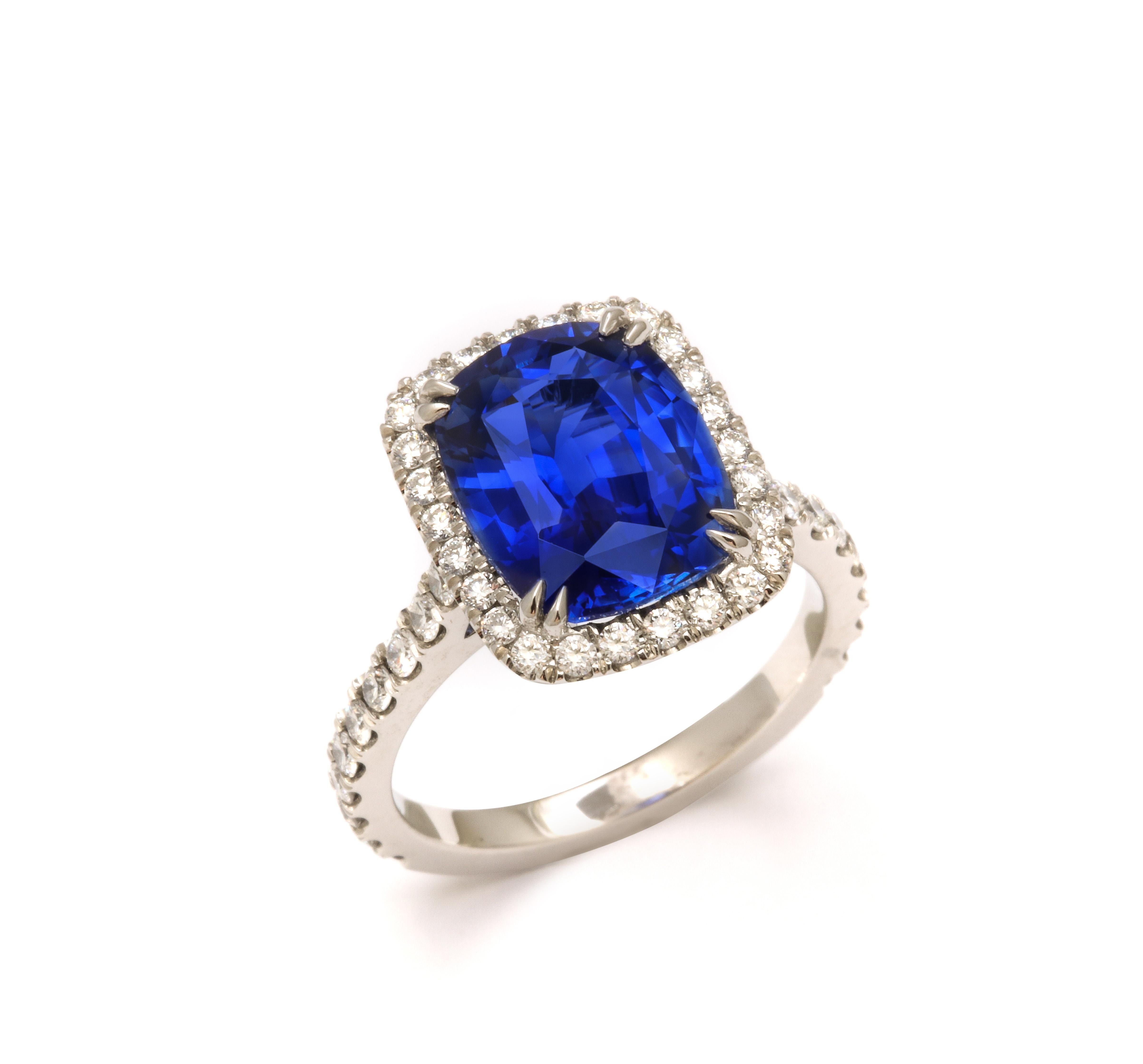 5 Carat Vivid Blue Sapphire Cushion Cut Ring 3