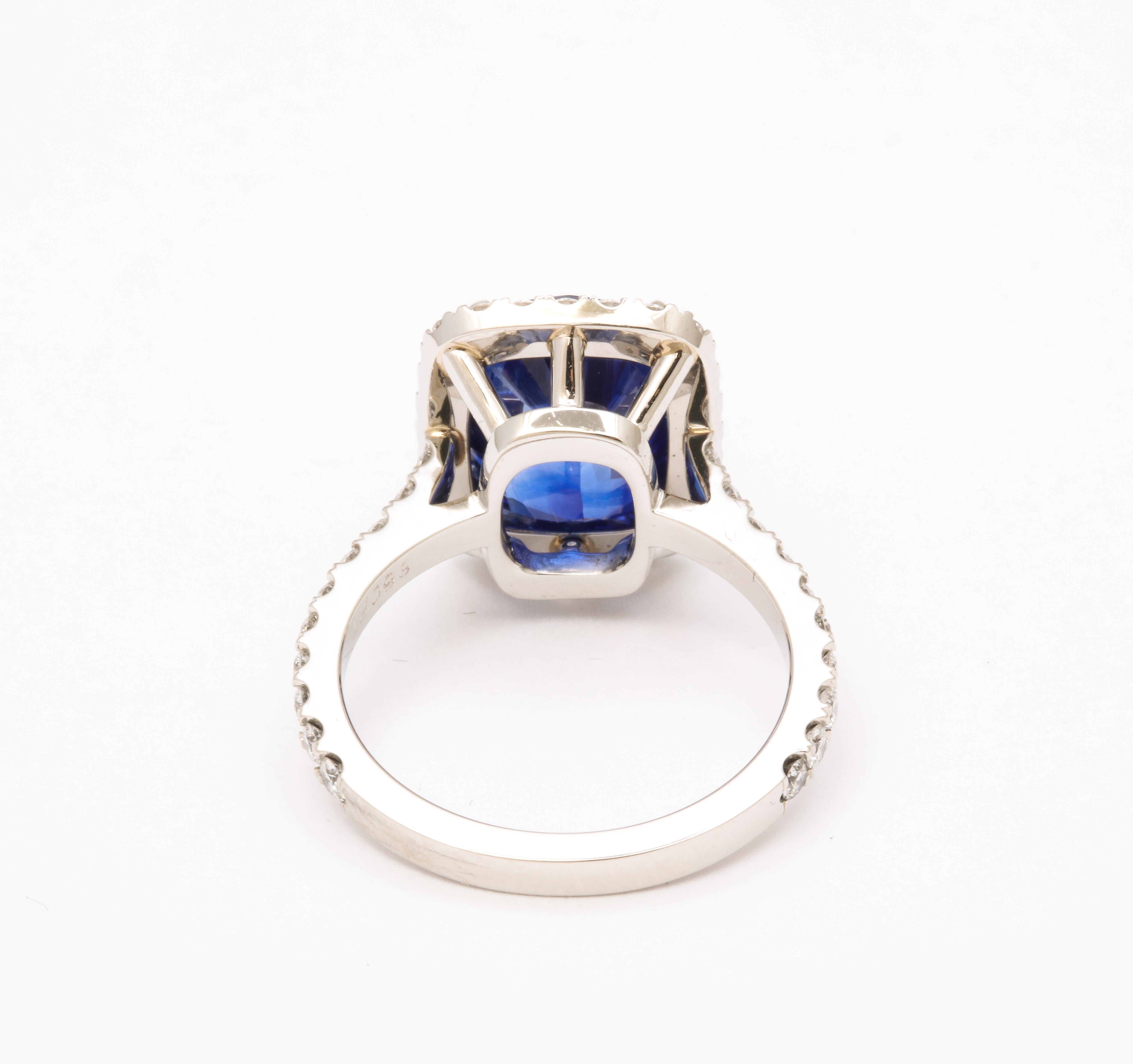 Women's or Men's 5 Carat Vivid Blue Sapphire Cushion Cut Ring