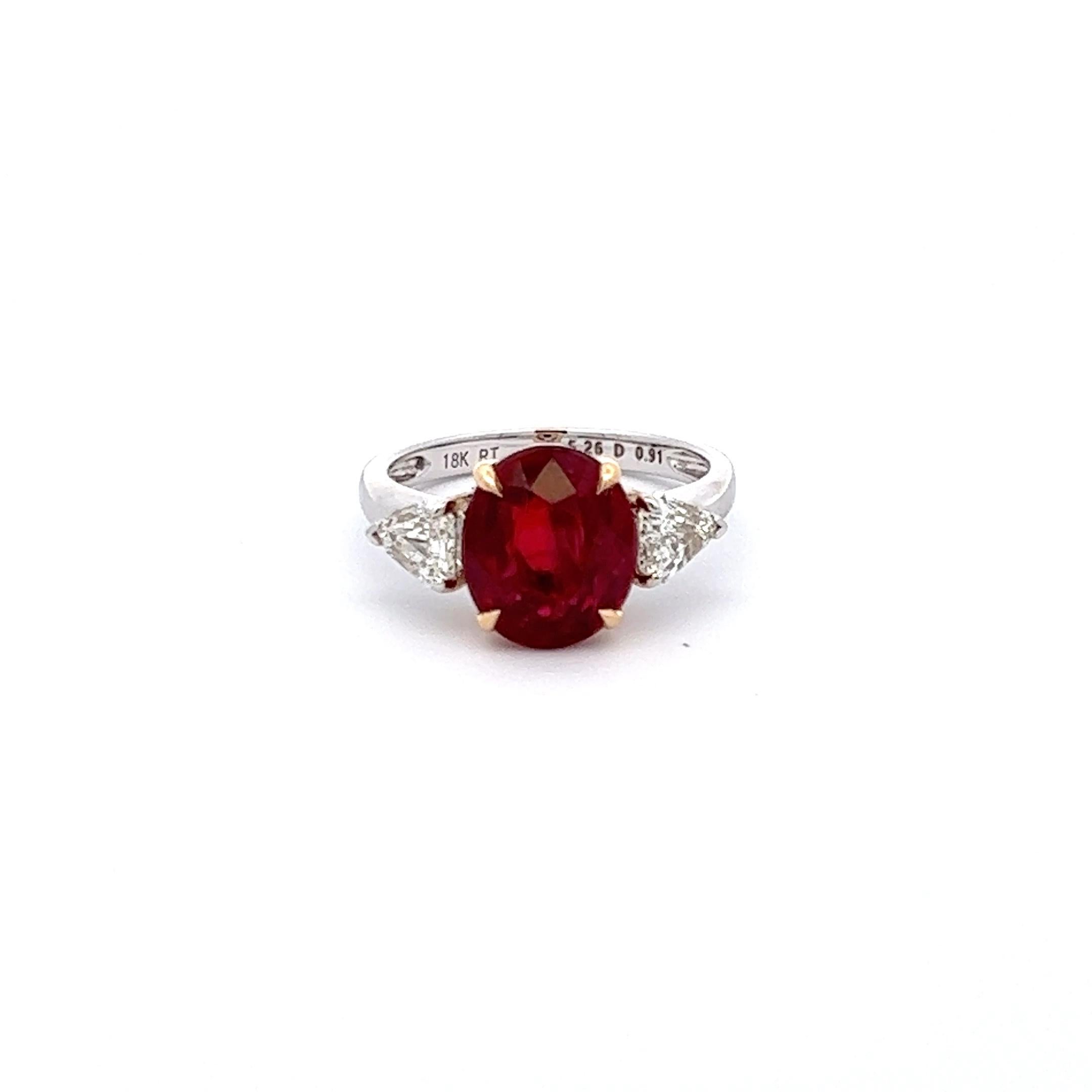 Oval Cut 5 Carat Vivid Red Ruby and Diamond Three Stone Ring