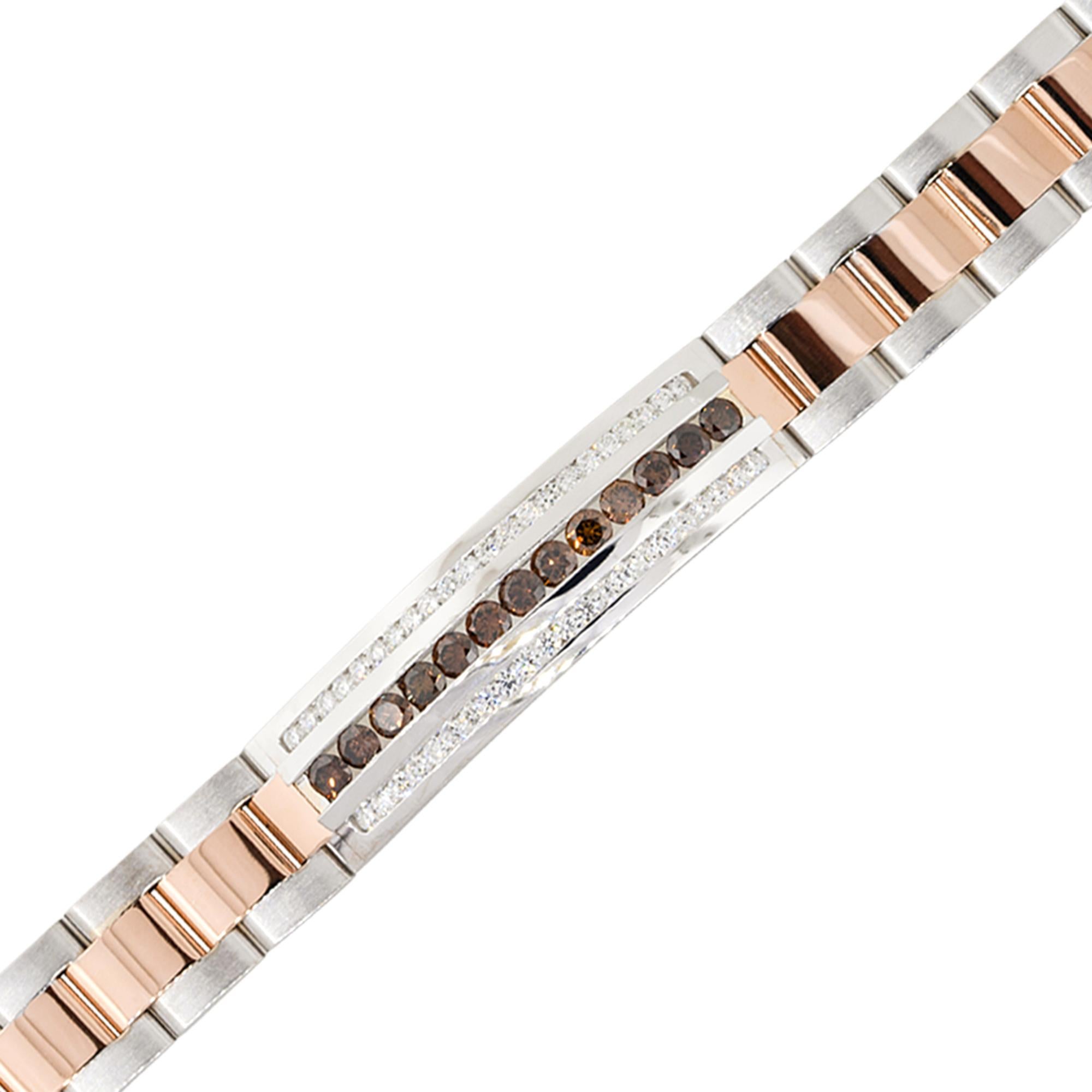 Material: 14k rose gold, stainless steel
Diamond details: Approx. 5ctw of round cut diamonds. Diamonds are Fancy Brown (Cognac), G/H in color and VS in clarity
Clasps: Tongue in box
Total Weight: 54.2g (34.9dwt)
Bracelet measurements: 8