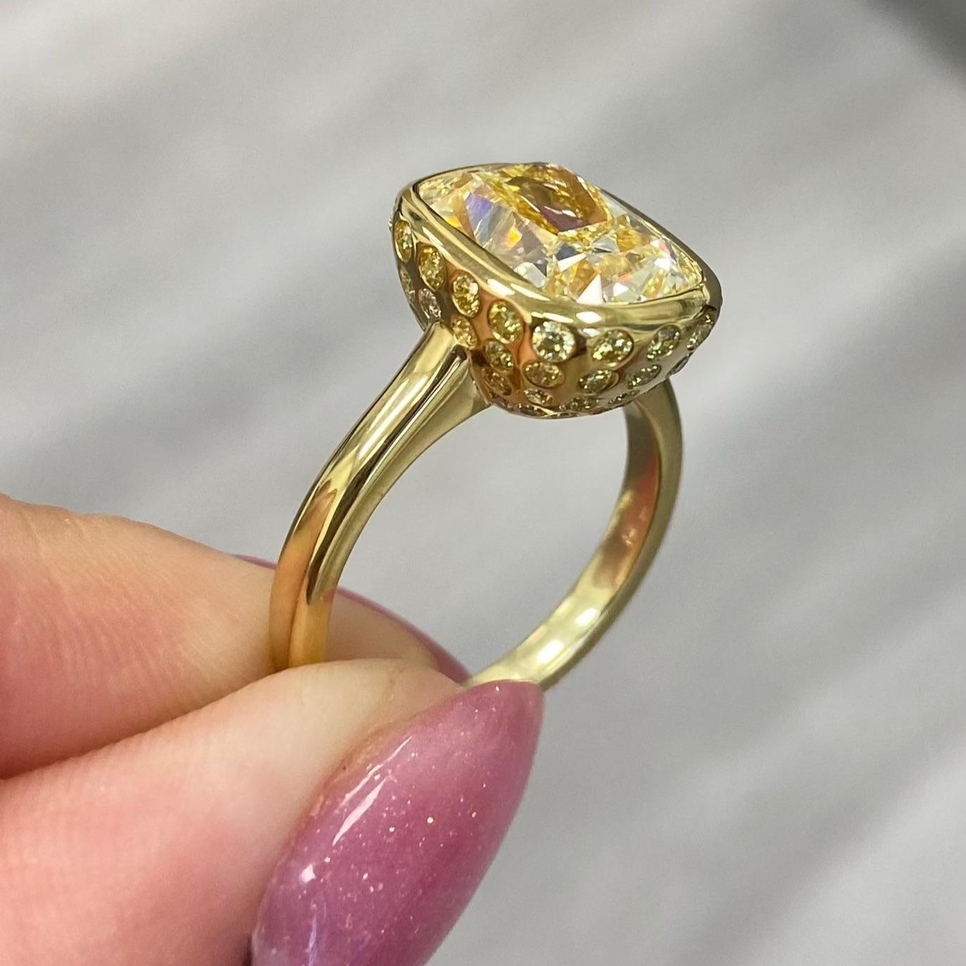 Cushion Cut Rare Colors 5 Carat Yellow Diamond Bezel Mosaic Statement Ring For Sale