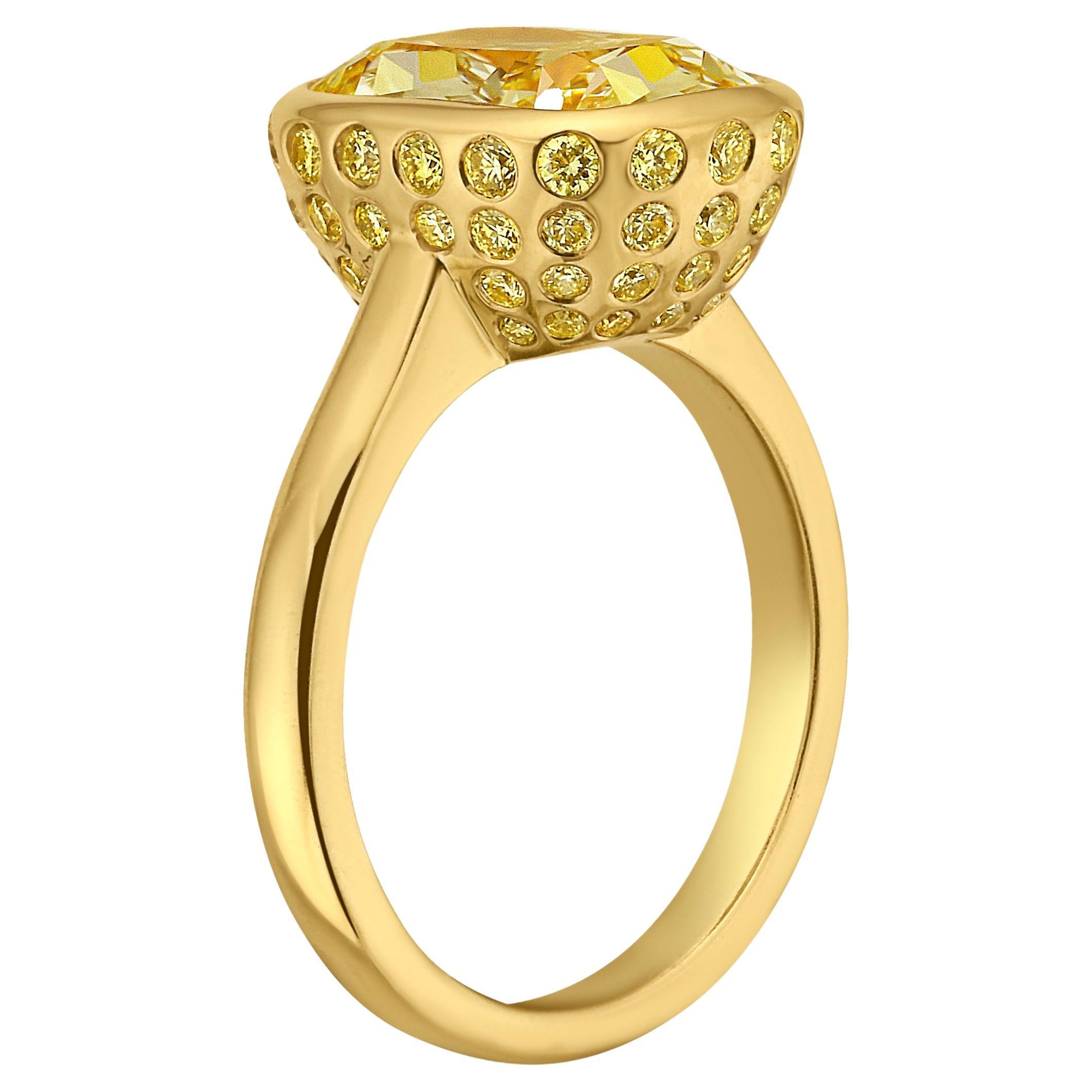 Rare Colors 5 Carat Yellow Diamond Bezel Mosaic Statement Ring For Sale