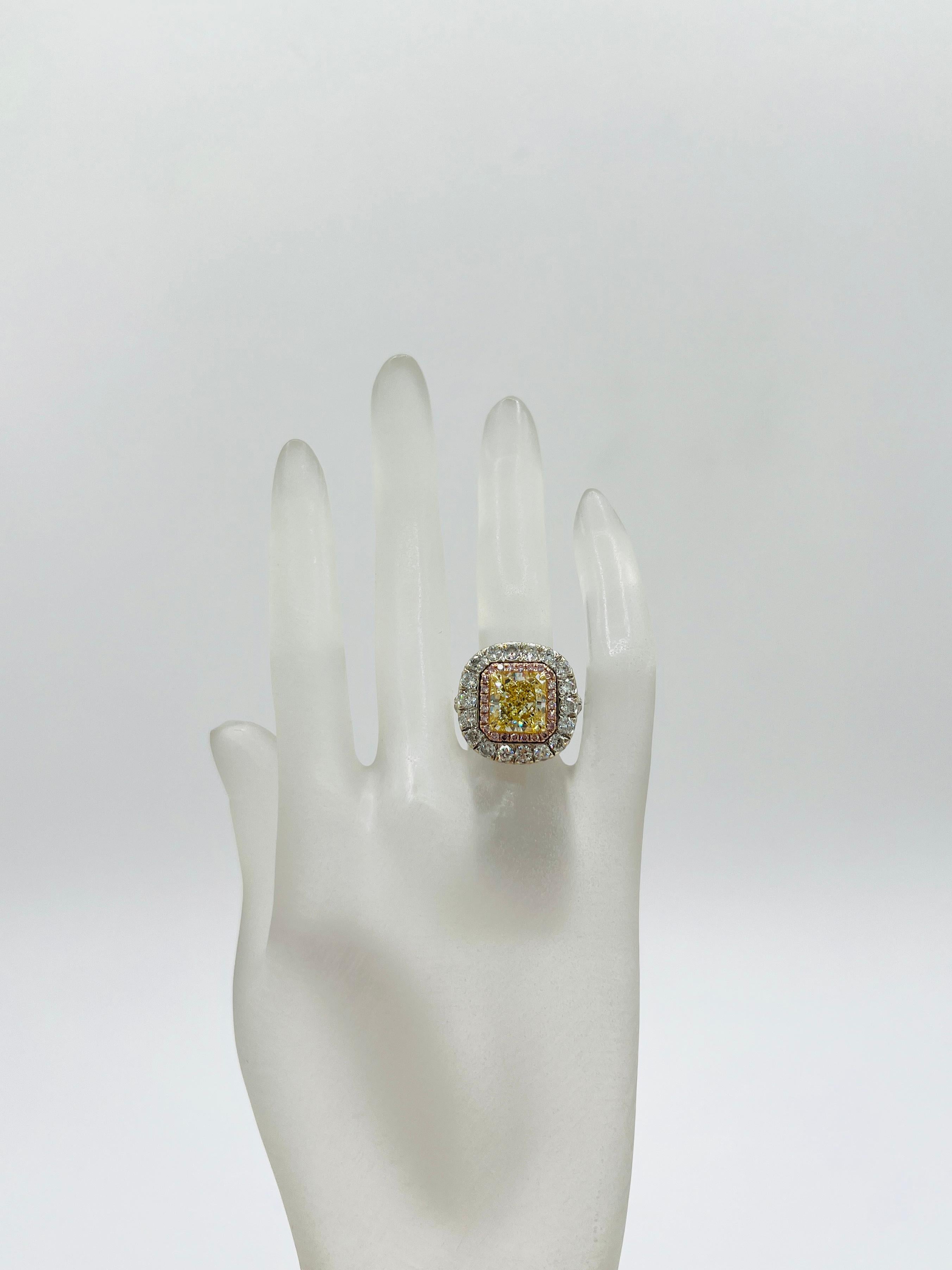 Radiant Cut 5 Carat Yellow Diamond Radiant, Pink Diamond, and White Diamond Ring in 18K For Sale