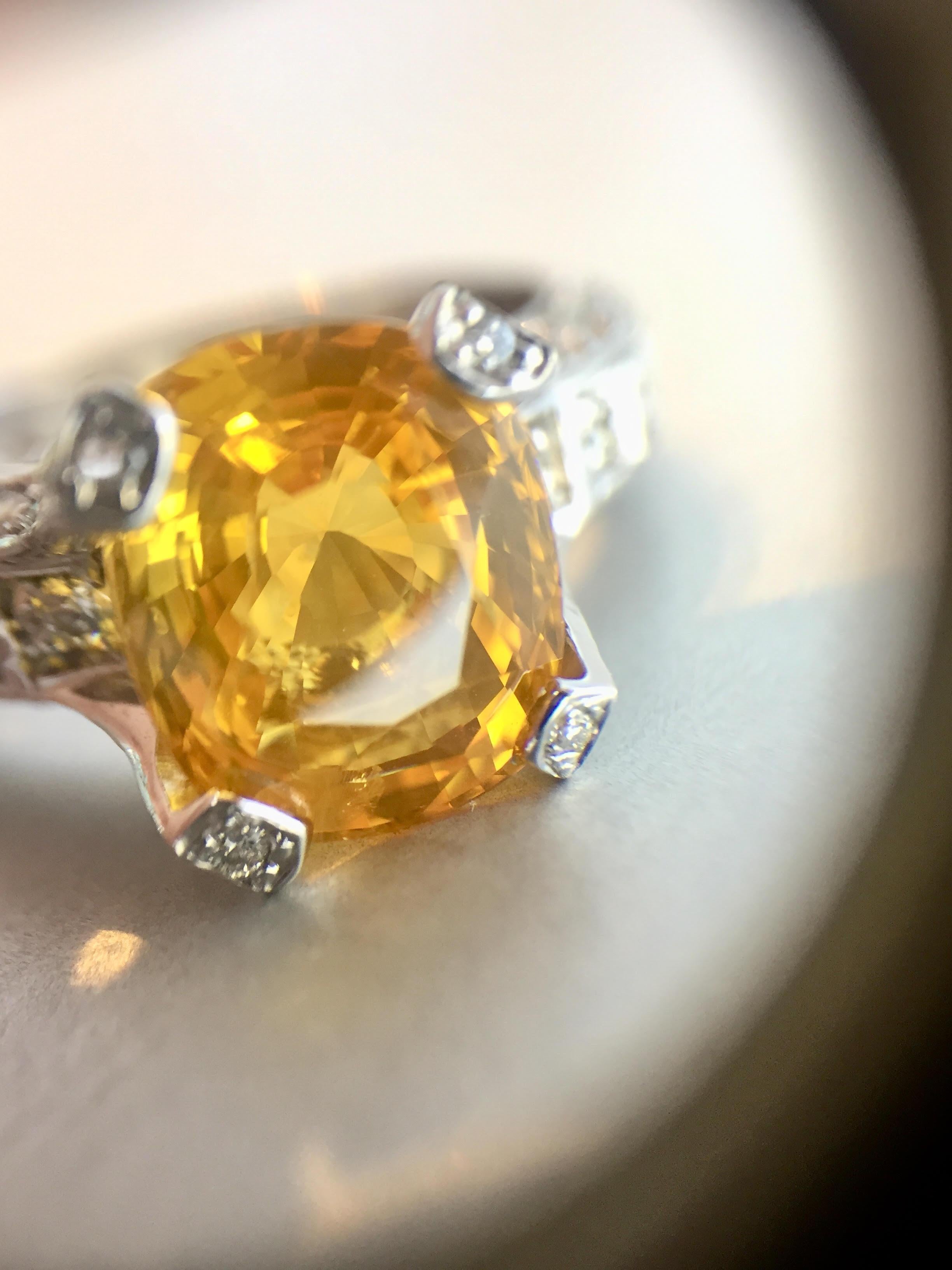 Cushion Cut 5 Carat Yellow Sapphire and Diamond 18 Karat White Gold Ring For Sale