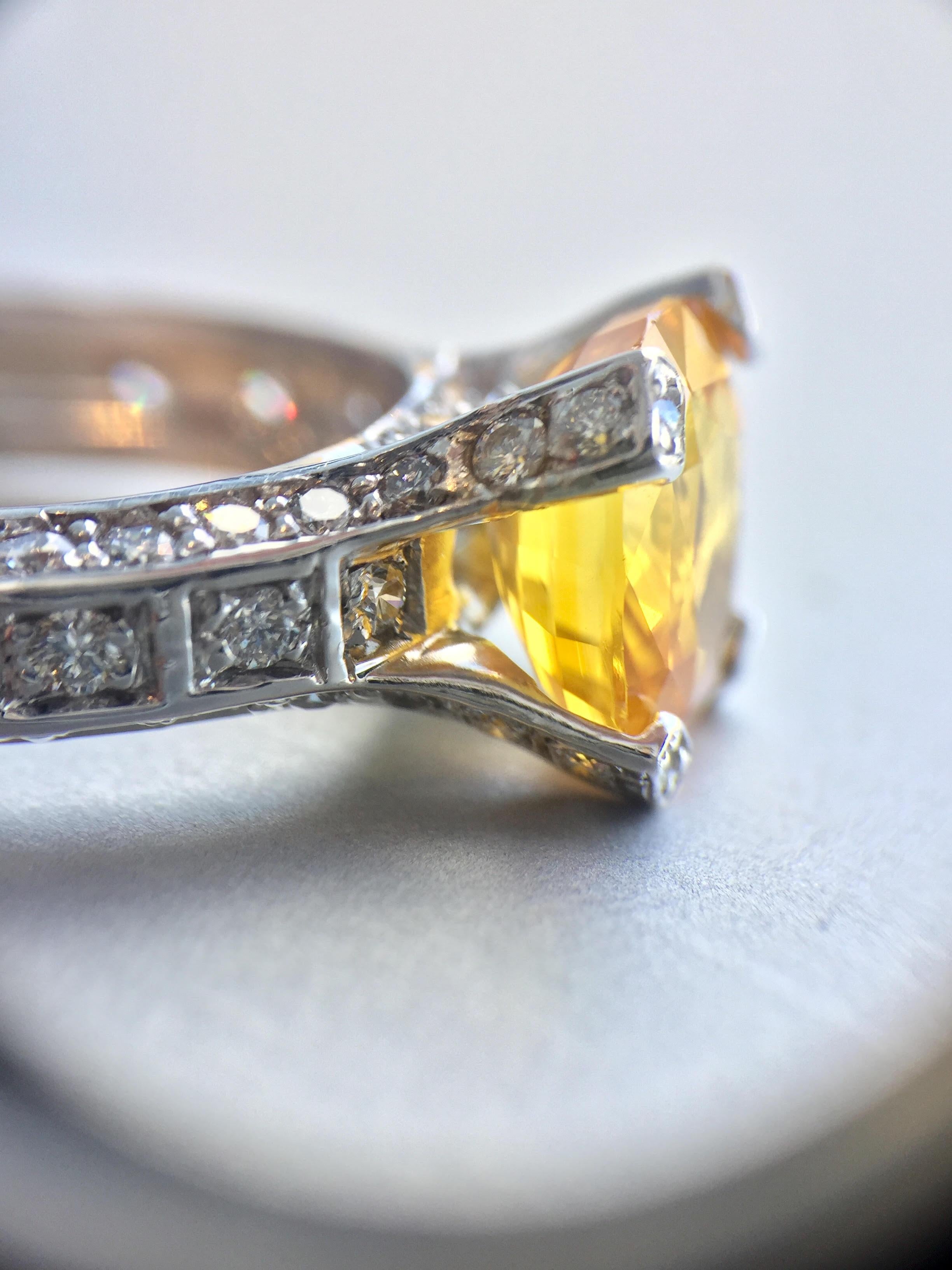 5 Carat Yellow Sapphire and Diamond 18 Karat White Gold Ring In Excellent Condition For Sale In Pikesville, MD