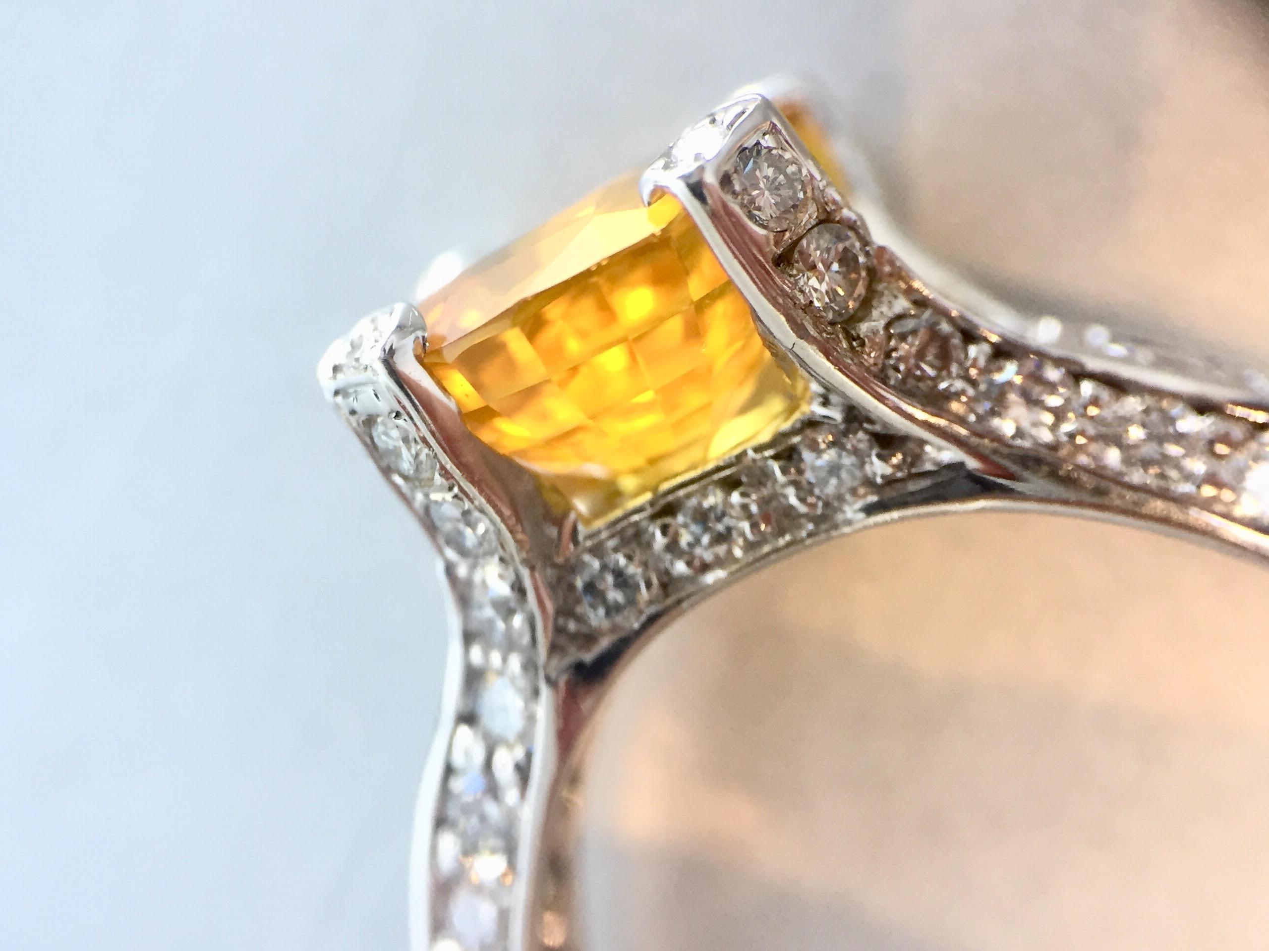 Women's 5 Carat Yellow Sapphire and Diamond 18 Karat White Gold Ring For Sale