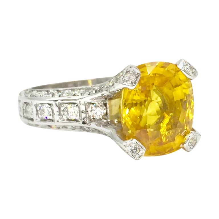5 Carat Yellow Sapphire and Diamond 18 Karat White Gold Ring For Sale