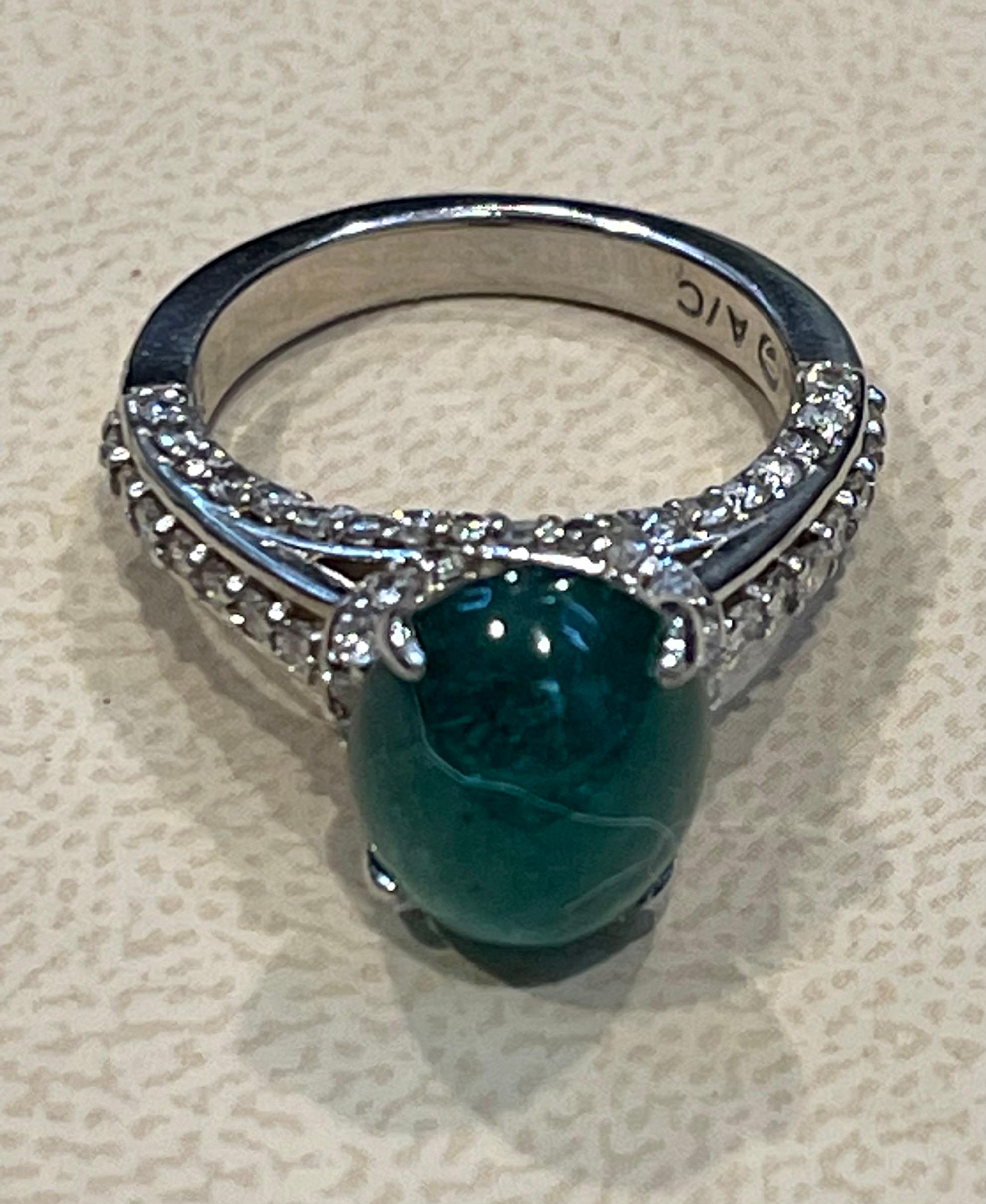 5 Carat Zambian Emerald Cabochon & Diamond Cocktail Ring 14 Karat White Gold 8