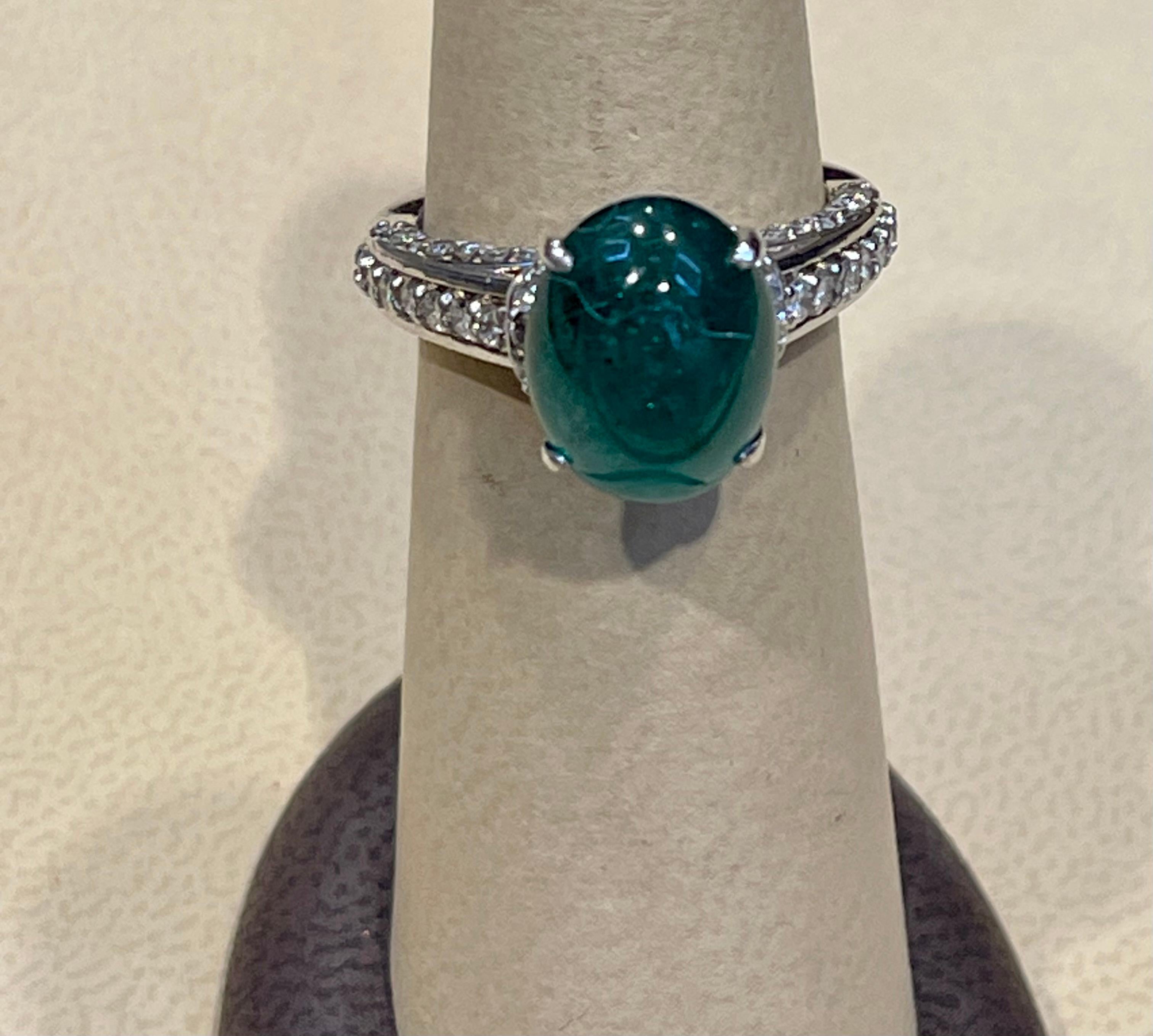 5 Carat Zambian Emerald Cabochon & Diamond Cocktail Ring 14 Karat White Gold 11