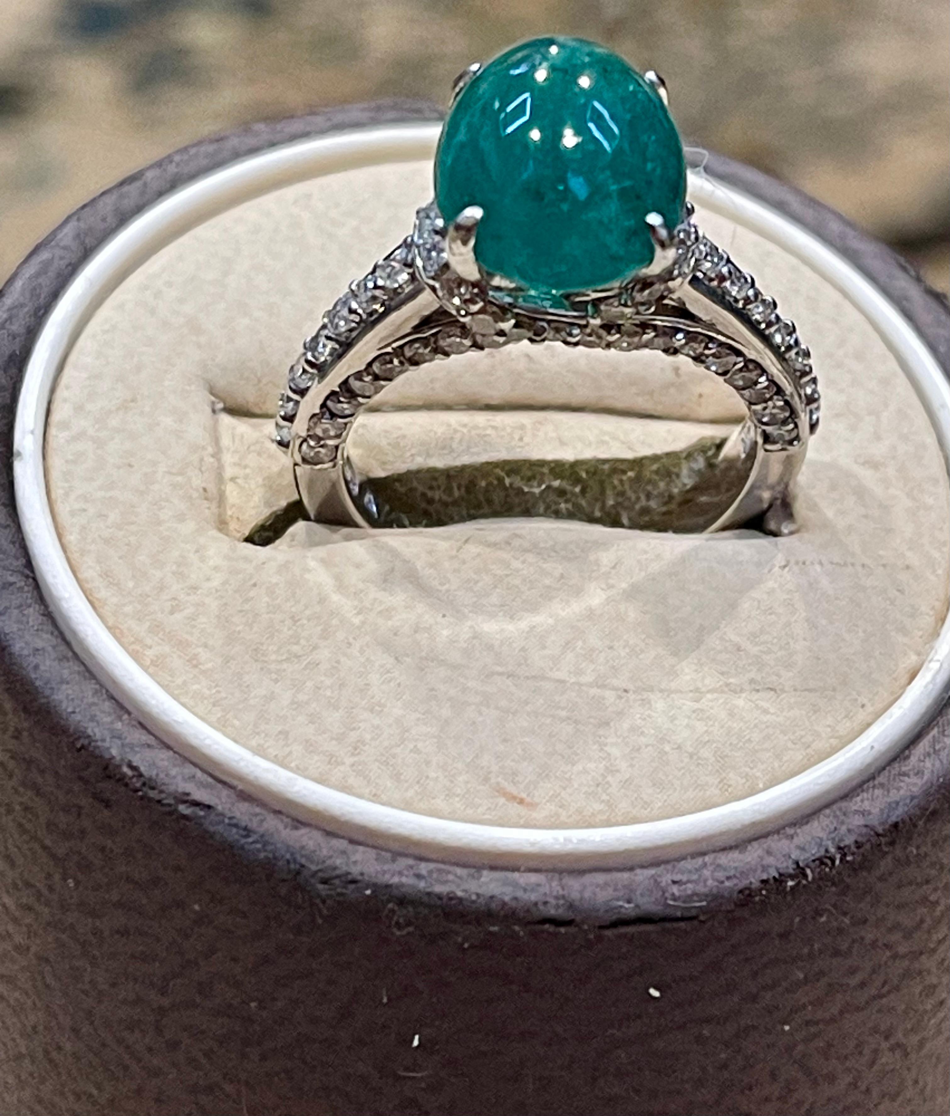 5 Carat Zambian Emerald Cabochon & Diamond Cocktail Ring 14 Karat White Gold 15