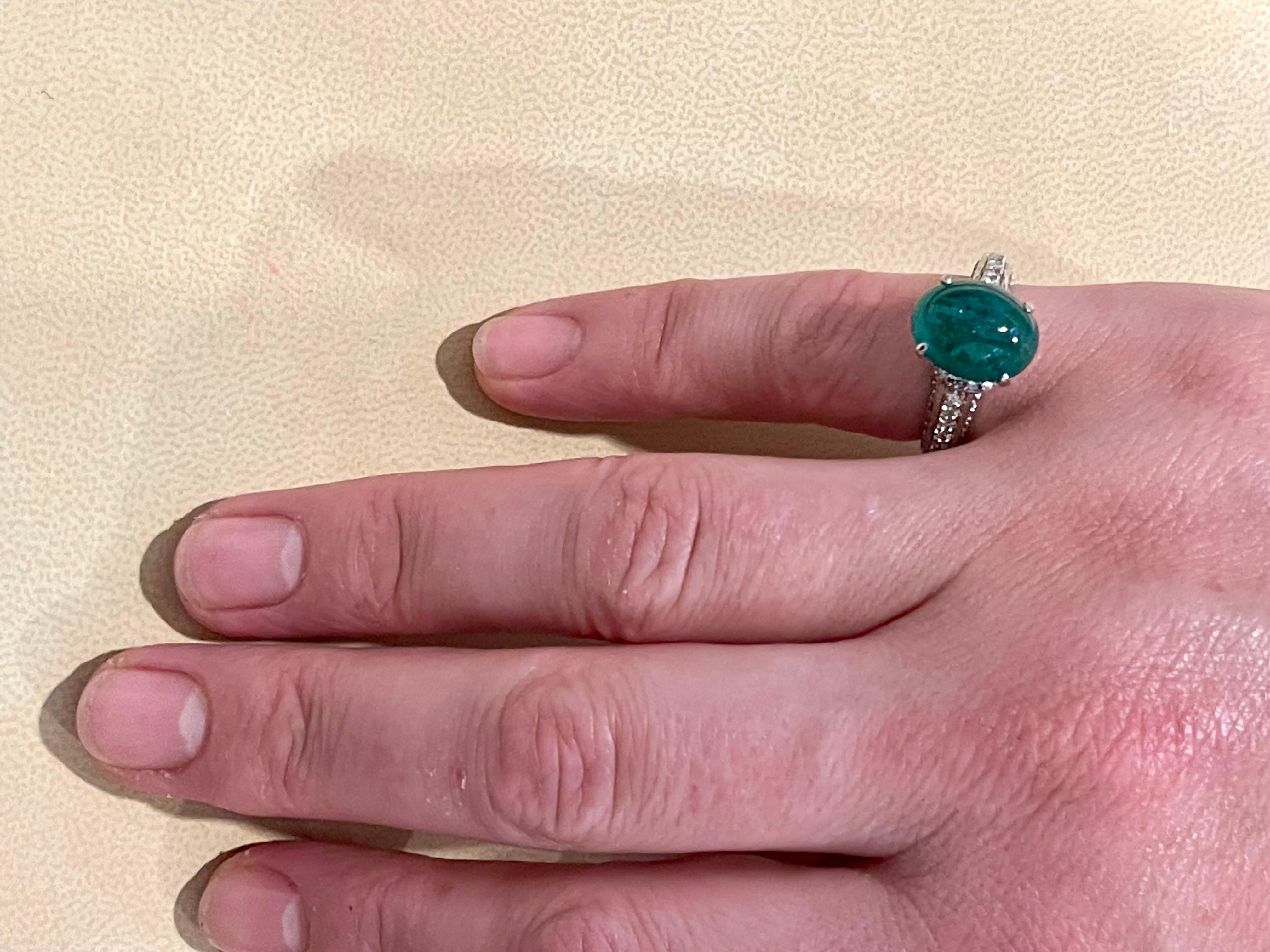 5 Carat Zambian Emerald Cabochon & Diamond Cocktail Ring 14 Karat White Gold 16