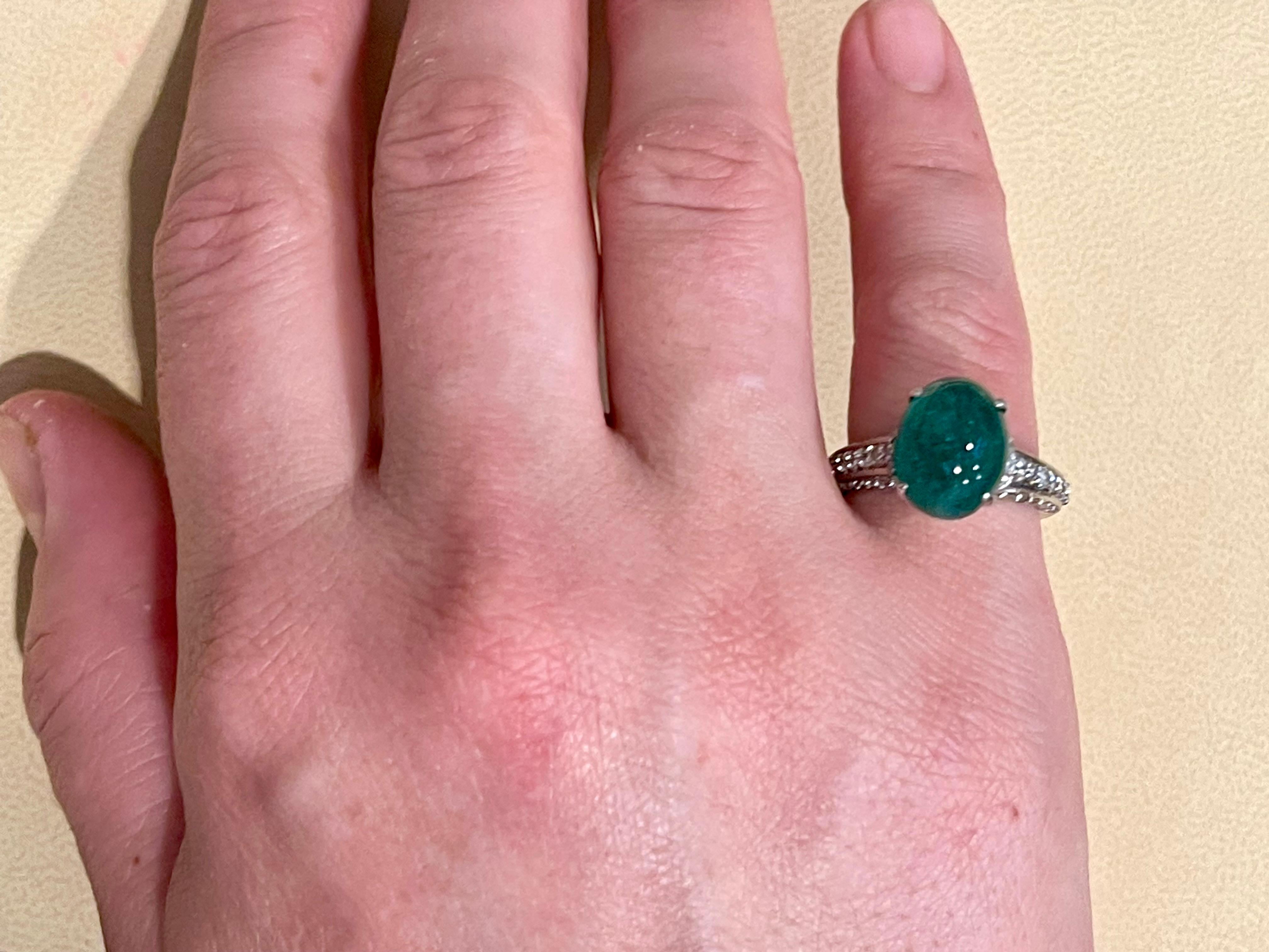 5 Carat Zambian Emerald Cabochon & Diamond Cocktail Ring 14 Karat White Gold 5