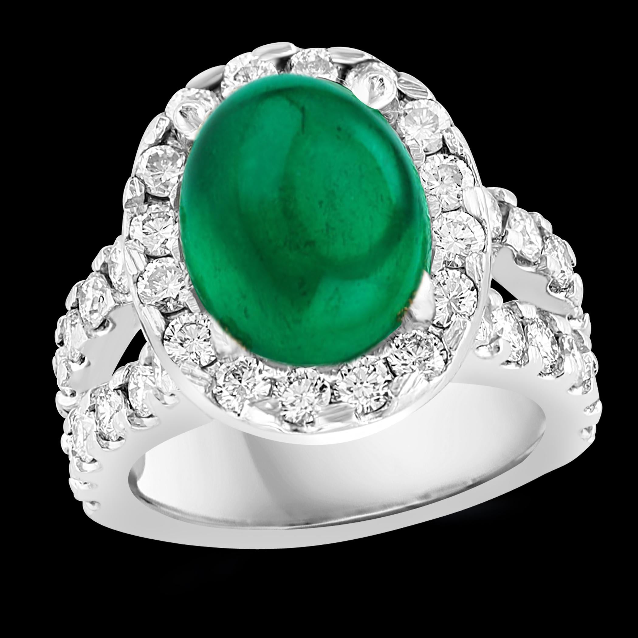 5 Carat Zambian Emerald Cabochon & Diamond Cocktail Ring 18 Karat White Gold For Sale 11