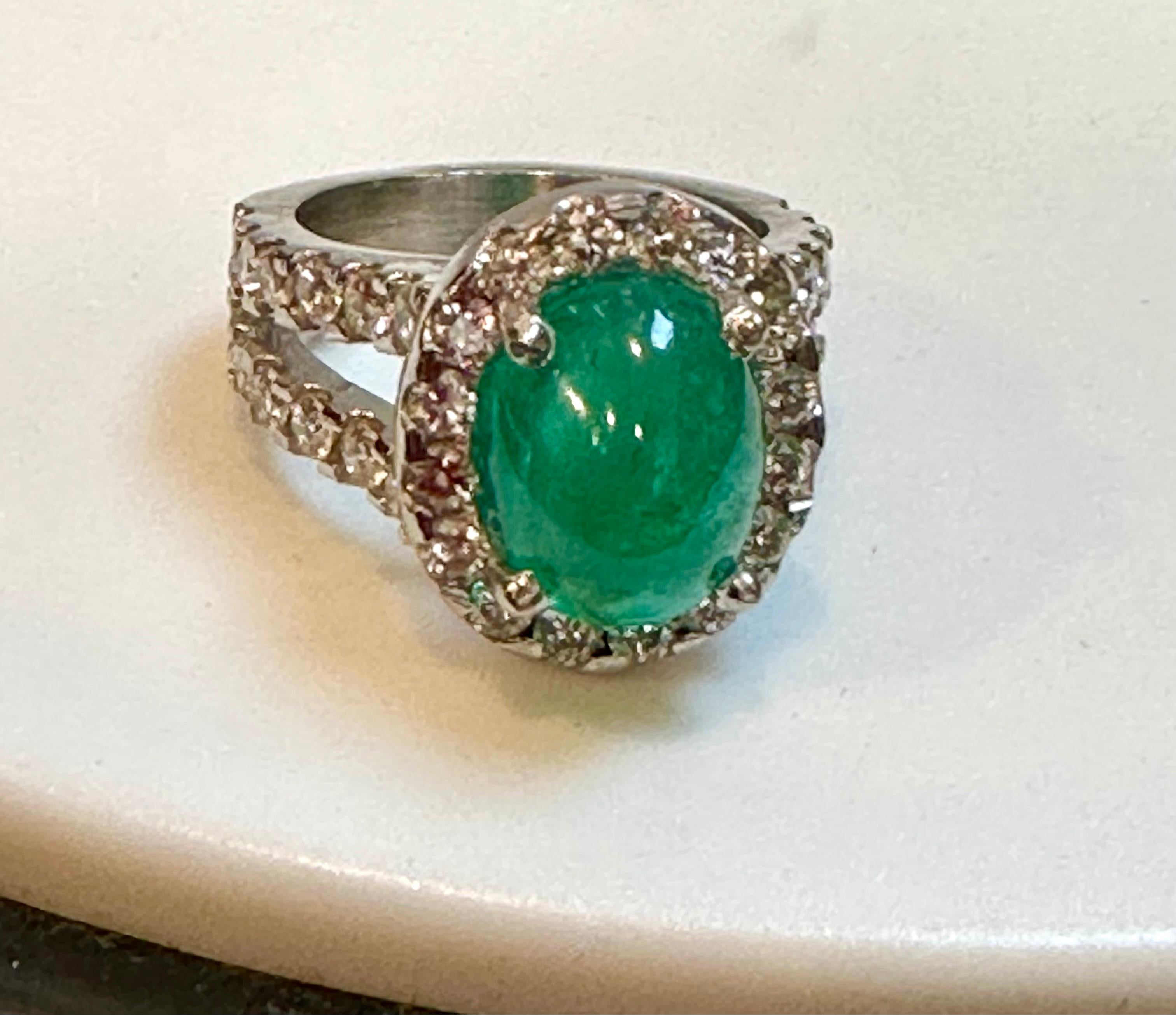 5 Carat Zambian Emerald Cabochon & Diamond Cocktail Ring 18 Karat White Gold In Excellent Condition For Sale In New York, NY