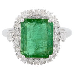 Used 5 Carat Natural Emerald Cocktail Ring 0.75 Carat Diamond Jewelry 10K White Gold
