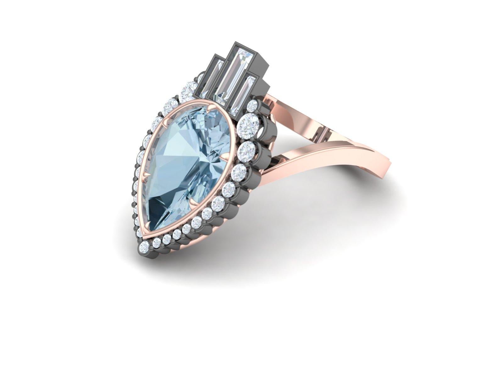 Here is a  modern take on the classic combination of aquamarine and diamond.  The center being a 4 carat pear shape cool steel blue aquamarine set in a rose gold head and accented by grey silver.  The center stone has one carat of both round