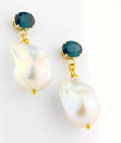 AJD WOW! 5Ct Glittery Blue-Green Tourmalines & Baroque Pearl 14 Kt Gold Earrings