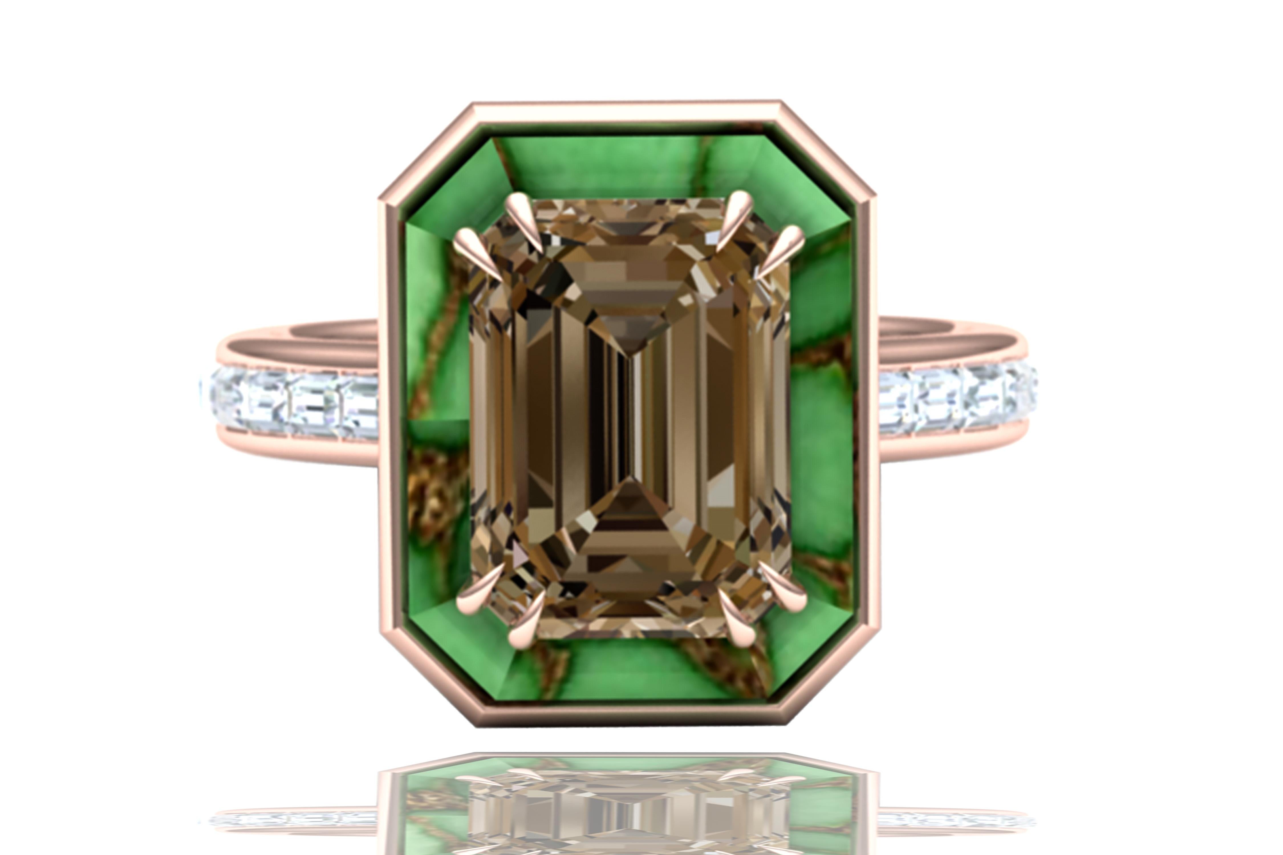Emerald Cut 5 Carat Brown Cognac Sapphire Turquoise and Diamond Cocktail Ring For Sale