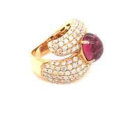 5 Carat Cabochon Pink Tourmaline and 3.17 Carat Diamonds Pave Fashion Rose Ring