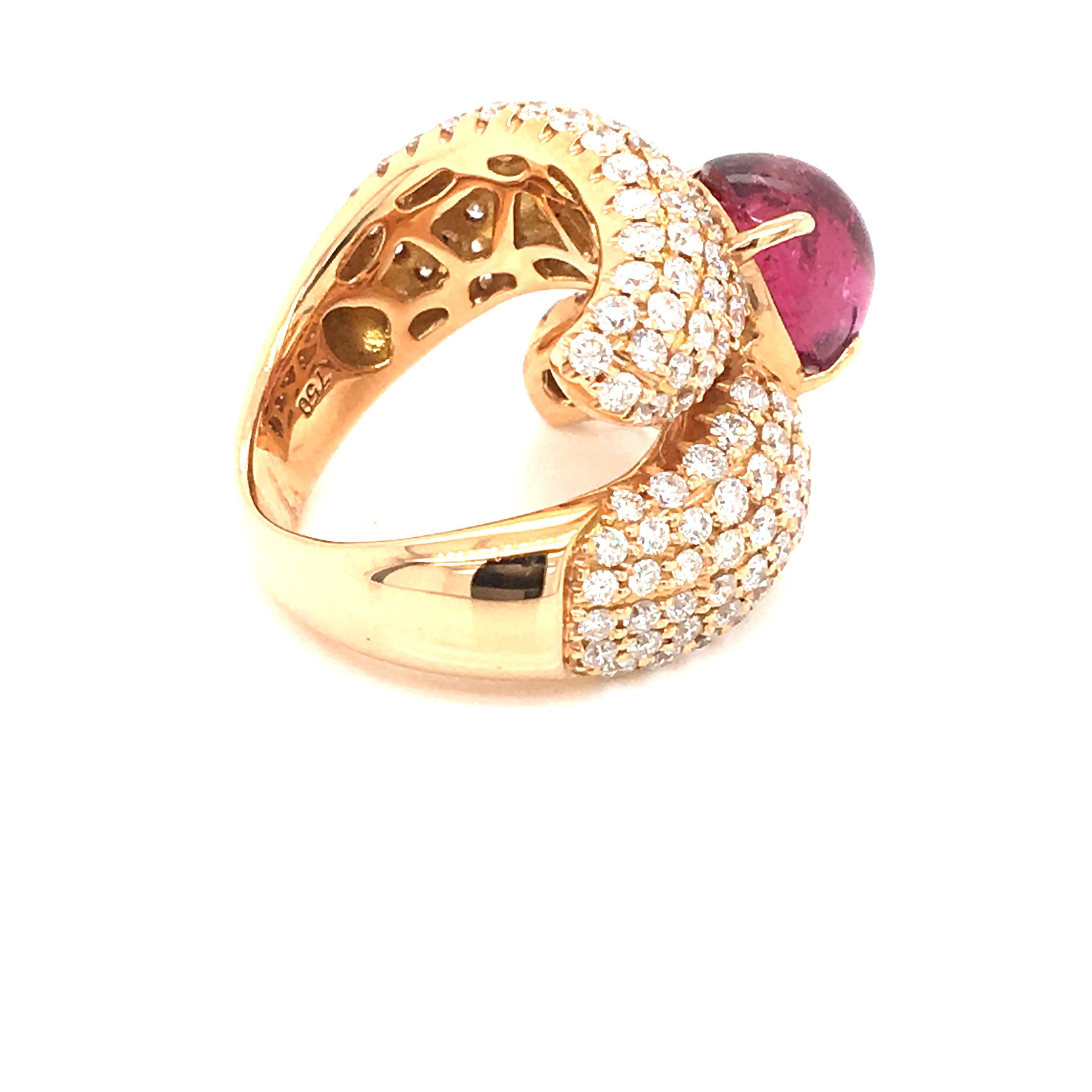 Romantic 5 Carat Cabochon Pink Tourmaline and 3.17 Carat Diamonds Pave Fashion Rose Ring For Sale