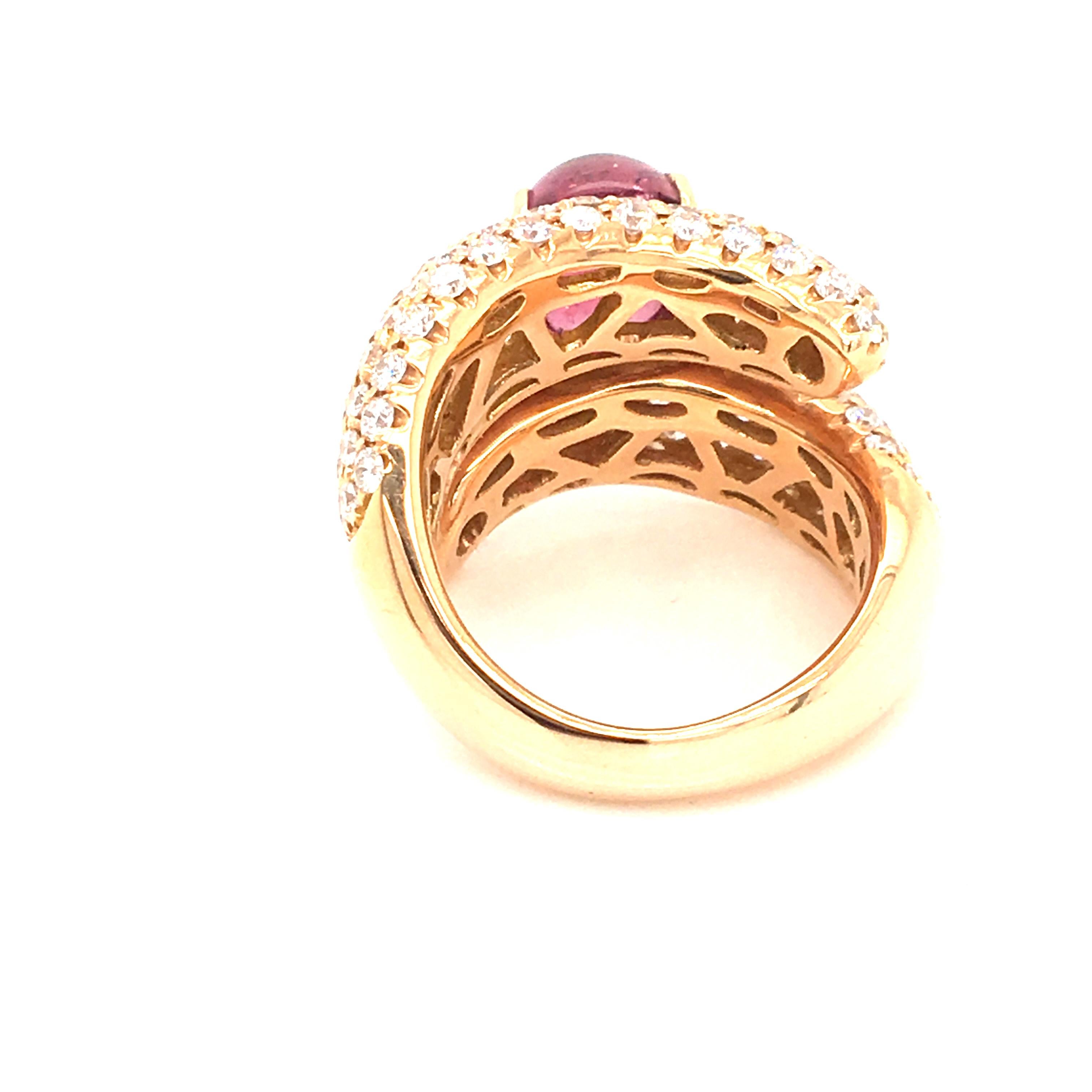 Round Cut 5 Carat Cabochon Pink Tourmaline and 3.17 Carat Diamonds Pave Fashion Rose Ring For Sale