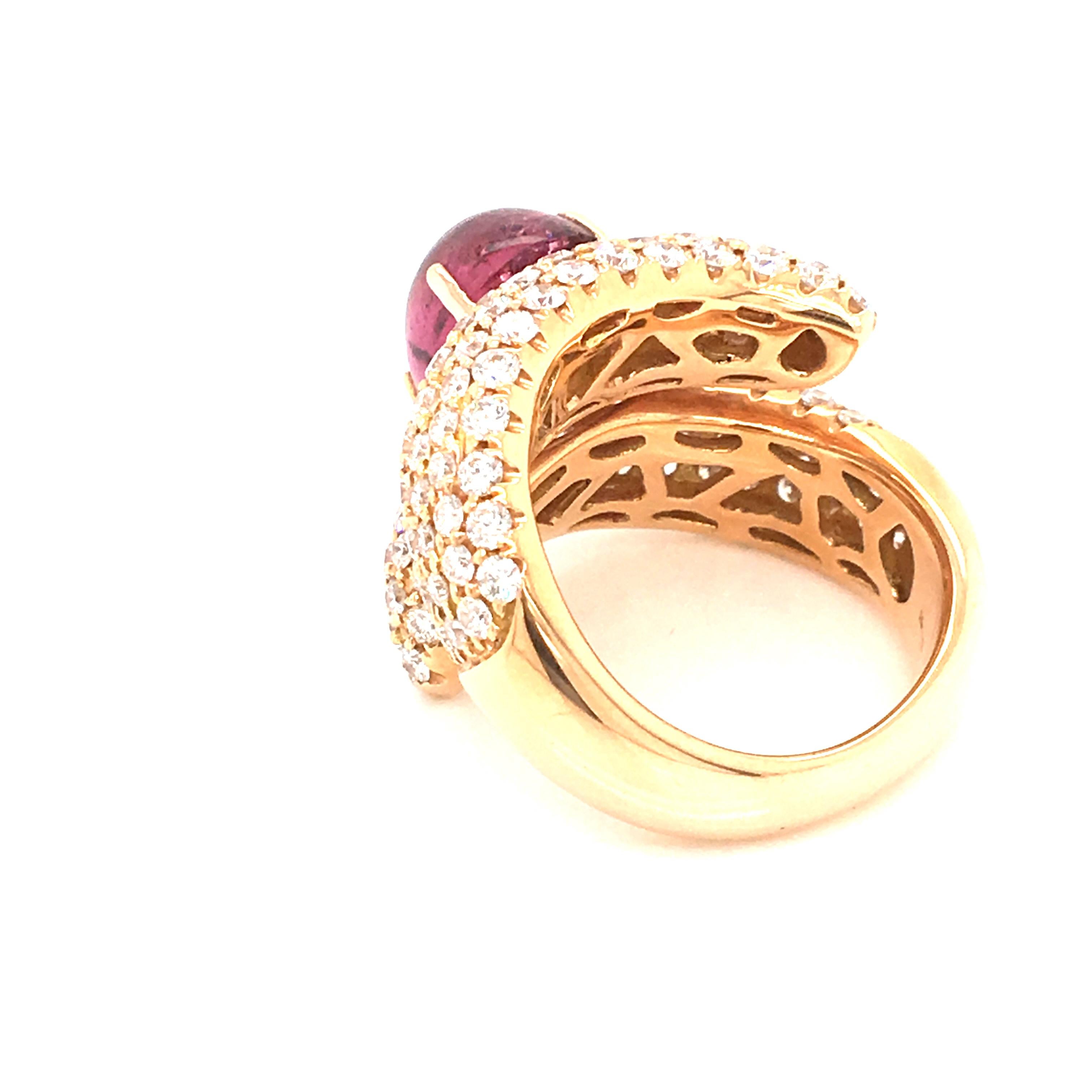 Women's 5 Carat Cabochon Pink Tourmaline and 3.17 Carat Diamonds Pave Fashion Rose Ring For Sale
