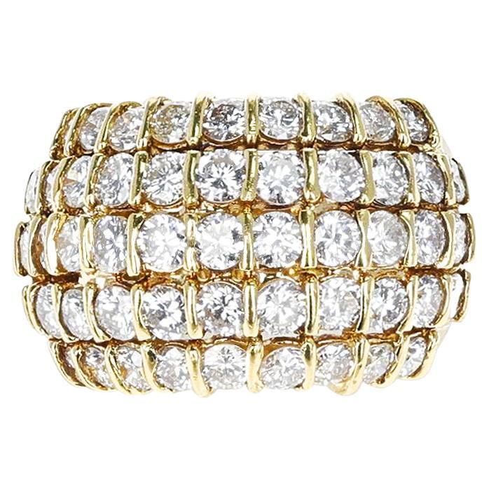 5 Carats Five Row Round Diamond Bombe Cocktail Ring, 18K For Sale