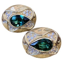 5 carats Green Tourmaline and Diamond Oval Button Earrings 18K Yellow Gold