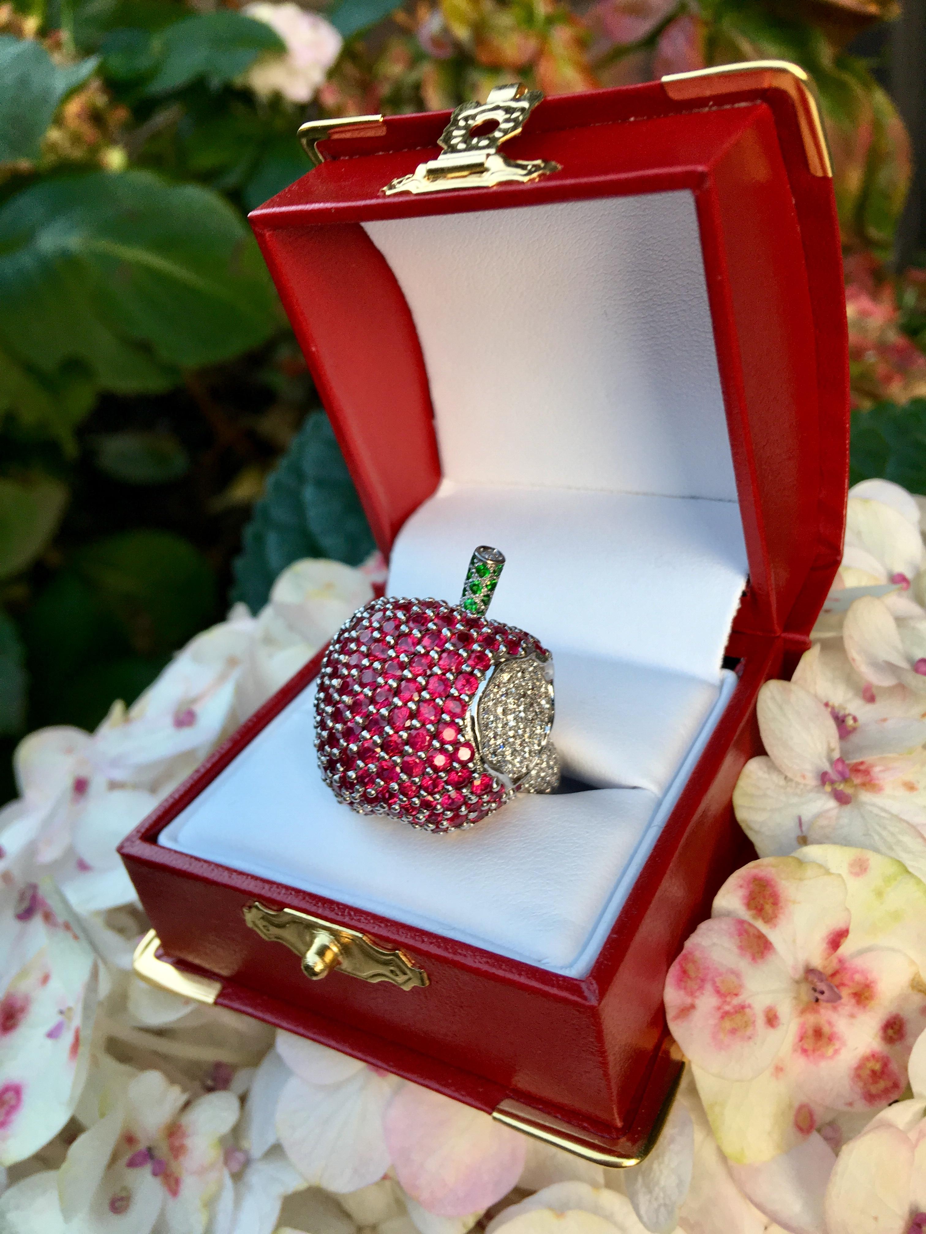 Unique Apple Motif Ruby, Diamond and Emerald 18 Karat White  Gold Cocktail Ring 7