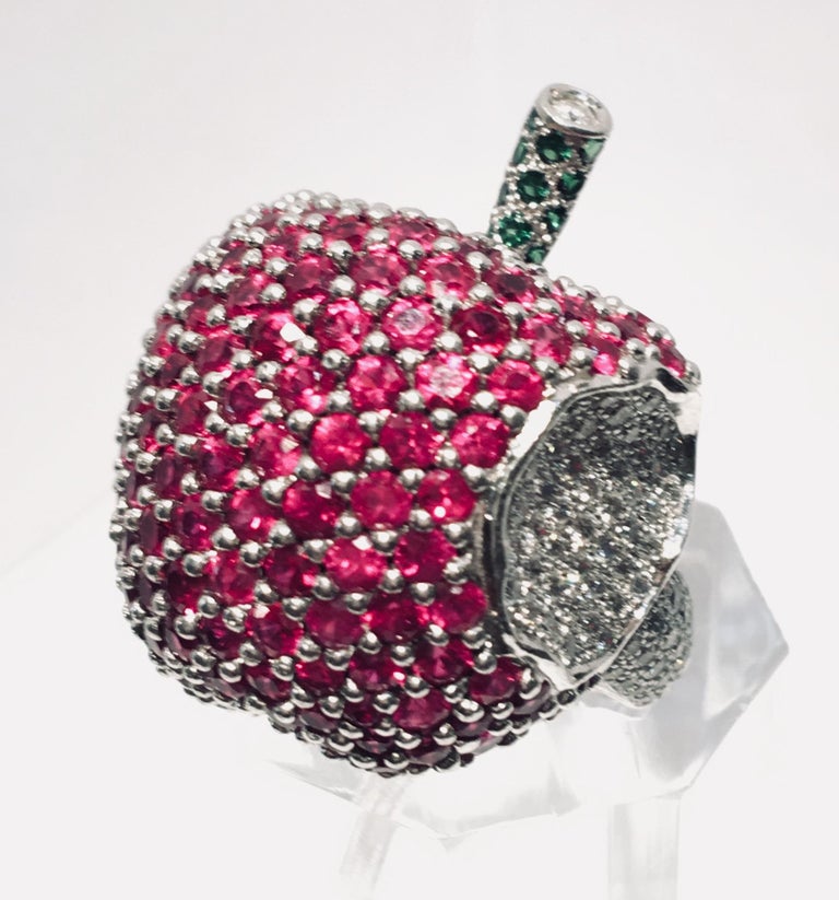 Women's Unique Apple Motif Ruby, Diamond and Emerald 18 Karat White  Gold Cocktail Ring