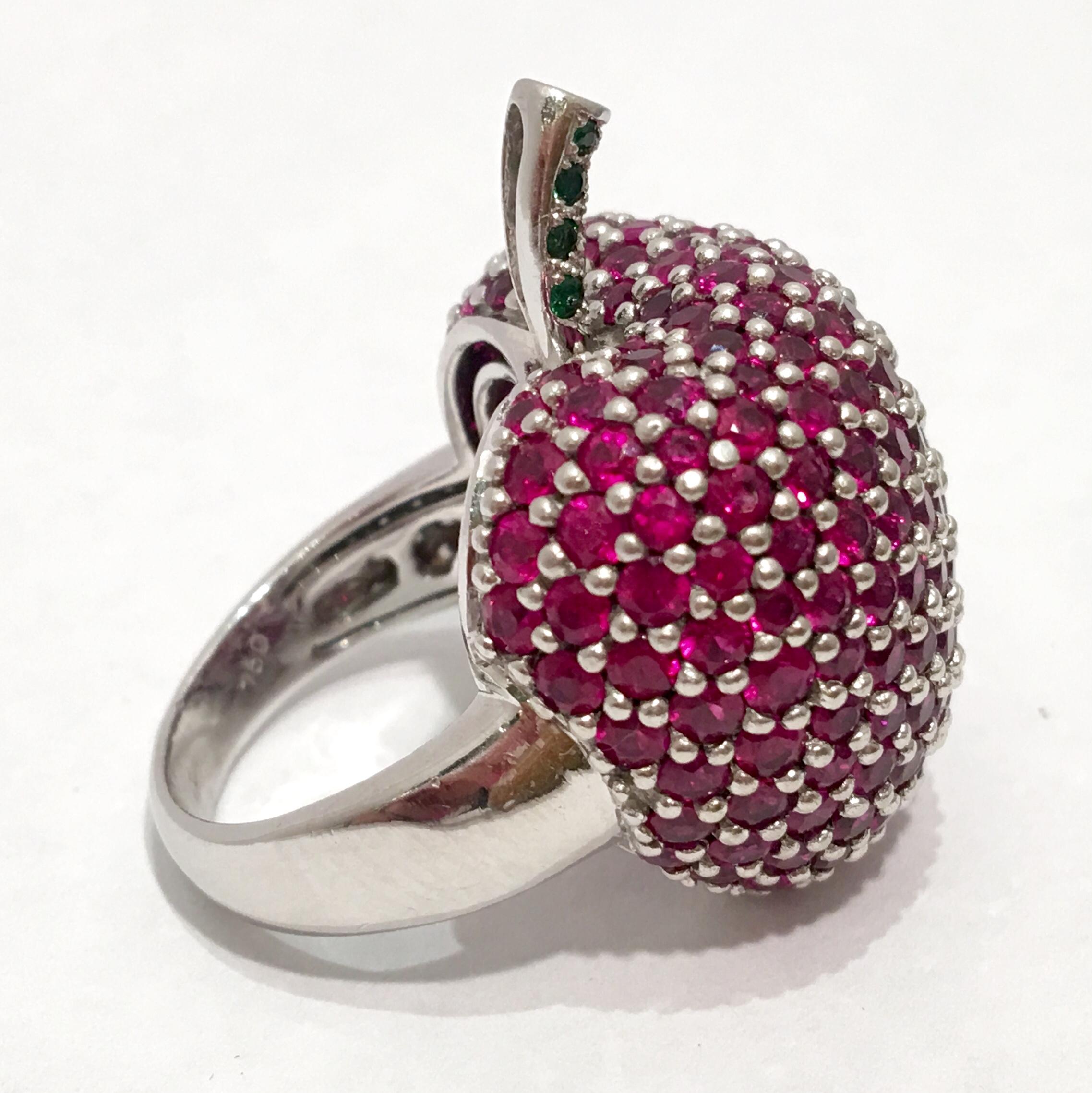 Unique Apple Motif Ruby, Diamond and Emerald 18 Karat White  Gold Cocktail Ring In Excellent Condition In Tustin, CA