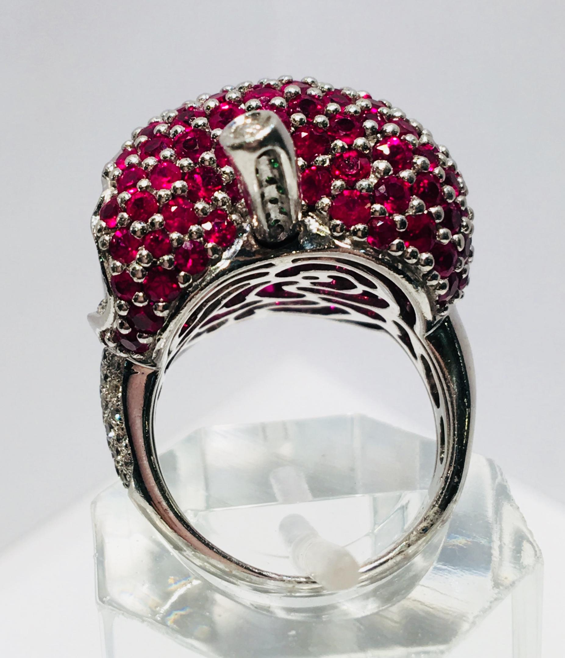 Women's Unique Apple Motif Ruby, Diamond and Emerald 18 Karat White  Gold Cocktail Ring