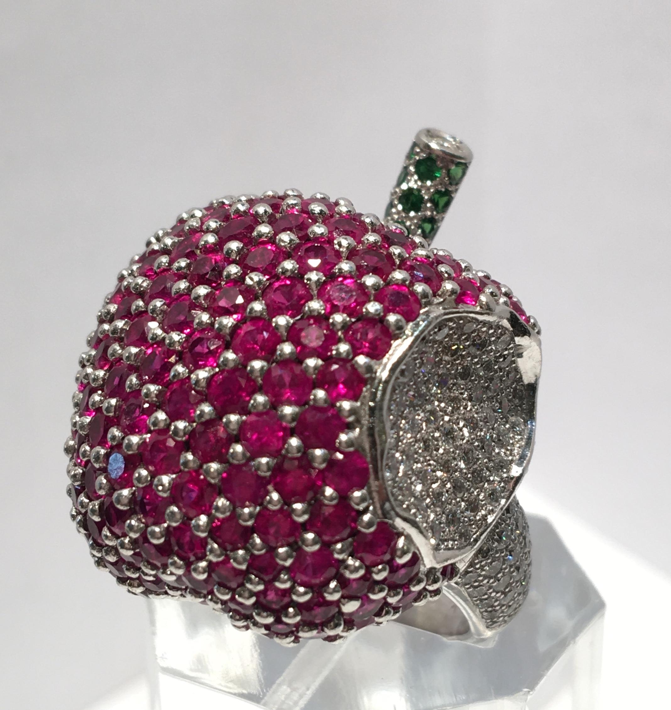 Unique Apple Motif Ruby, Diamond and Emerald 18 Karat White  Gold Cocktail Ring 1