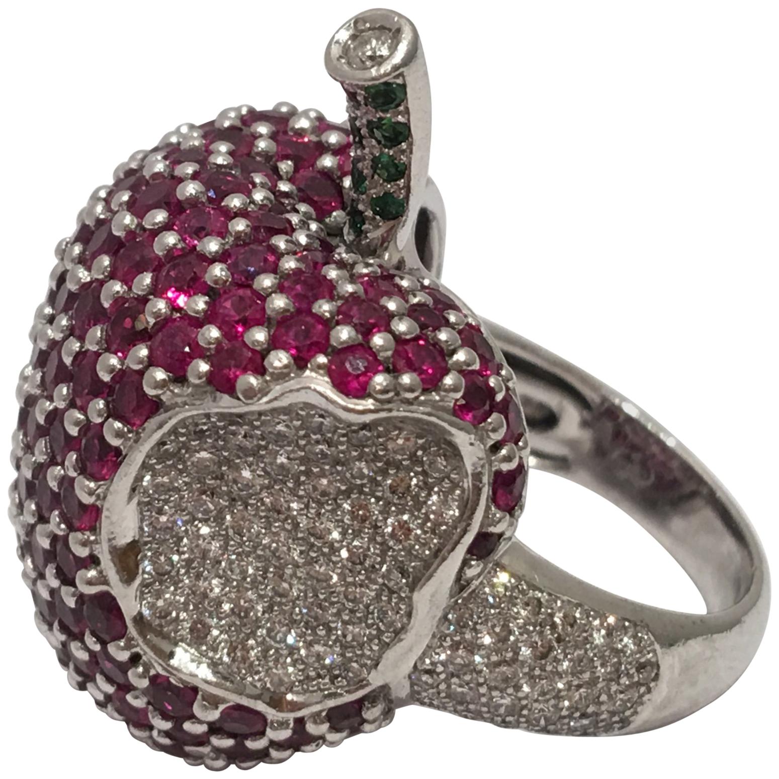 Unique Apple Motif Ruby, Diamond and Emerald 18 Karat White  Gold Cocktail Ring