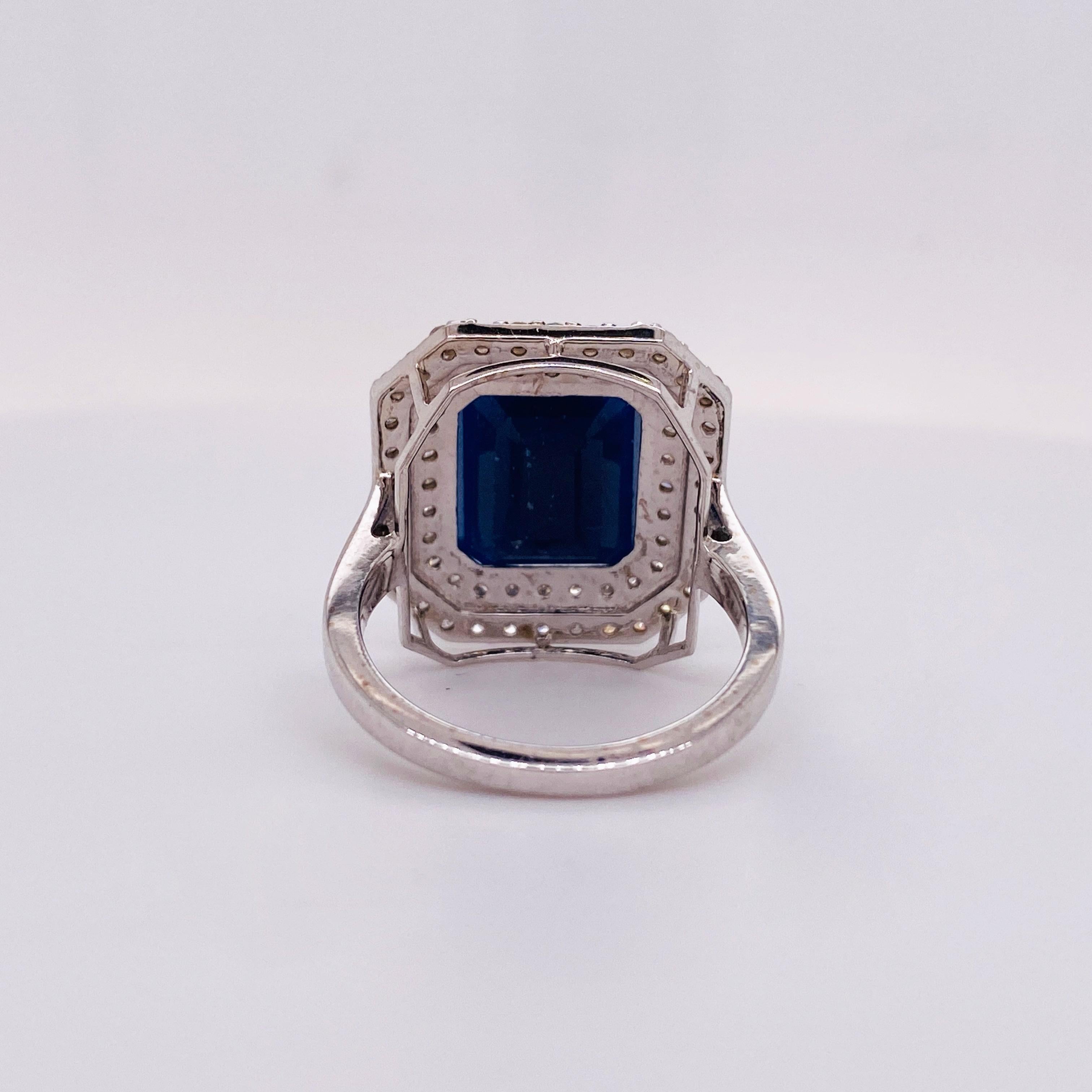 For Sale:  5 Carats Sapphire Double Halo Ring, Diamonds in 14KWG, Engagement Right Hand LV 4